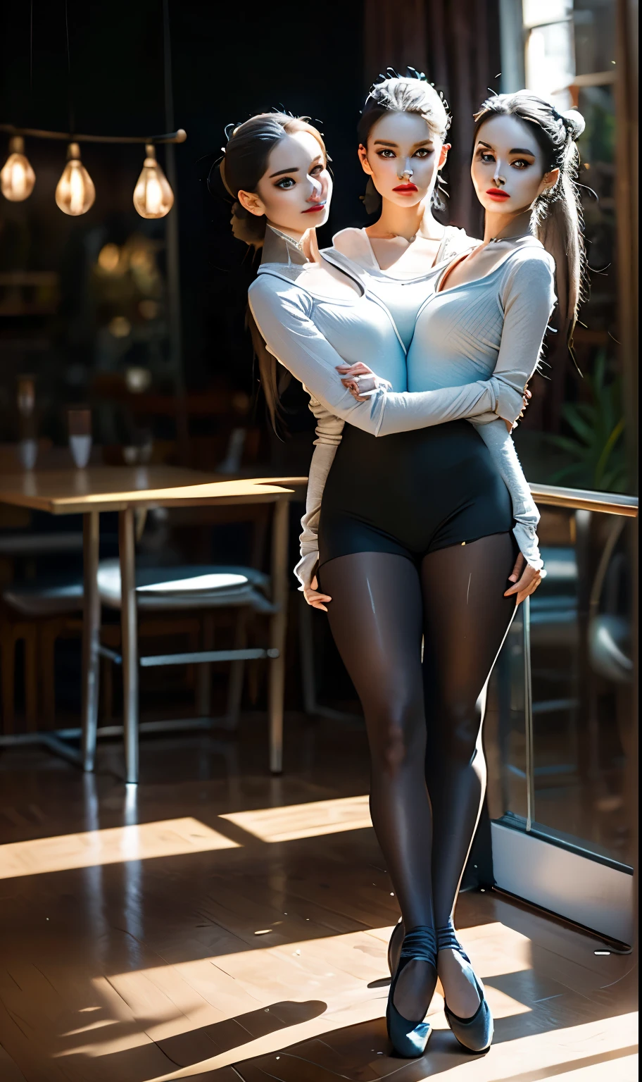 2 girls, diverse hair color: 1 blonde: diverse hair style, 1 brunette, diverse ethnicities: 1 blonde is Scandinavian and brunette looks like Jenna Ortega with bangs, sexy club girls with skimpy clothing, both wearing tight crop tops and transparent black pantyhose, pantyhose tights, lift skirt, seductive, cameltoe, smiling, 4” long micro skirt, can see body showing from bottom, ((( 2 girls are back side view looking back and can see full faces, standing at a bar in a night club))), sharp image, highly detailed faces without any blur, hyper realistic face and skin texture, detailed eyes, detailed lips, see both faces entirely, see eye of girls looking back, (((sexy vip sluts turn all the way around to look at camera))), (((see both eyes on girls)))see entire faces, look all the way back and stare at camera seductively, sexy girls after sex in VIP lounge with cum on their pantyhose asses, (((torn pantyhose, ripped pantyhose from rough sex))), (((crotch and ass of pantyhose are ripped and torn))), (((lots of realistic runs and tears on ass and crotch of nylon pantyhose)))