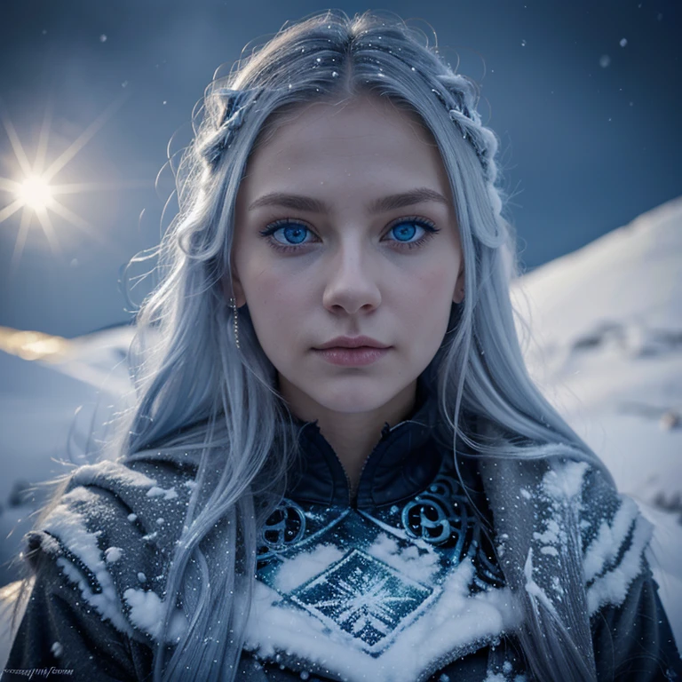 A mystical Nordic beauty, her ice-blue eyes captivating all who gaze upon her in the snowy wilderness.