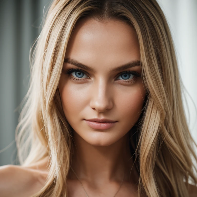 Фото sony a7iii 85 mm 1.4. Портрет дівчини, 26 років, довге волосся, блондинка. Має блакитні виразні очі, гарні довгі вії. Мила посмішка. Пухкі губи. Дуже гарна. Має риси обличчя як у romee strijd та candice swanopoel. Дуже детальне фото. Жуже реалістична дівчина. Більше деталей. Raw фото. Більш реалістична шкіра. Дуже детальна шкіра. Супер реалістичне фото живої дівчини. (high quality, ultra-detailed, realistic:1.2), ultra realistic 8k, ultra detailed, vibrant colors, studio lighting. Clear, very detailed photo,  3d face model.  great detail. detailed eyes, detailed lips, girl.  Do this pictures more realistic like photo raw. detailed features, uhd, dslr, soft lighting, high quality, film grain, detailed skin, hdr, 32k. More detailed and more sharp. Very beautiful  girl.