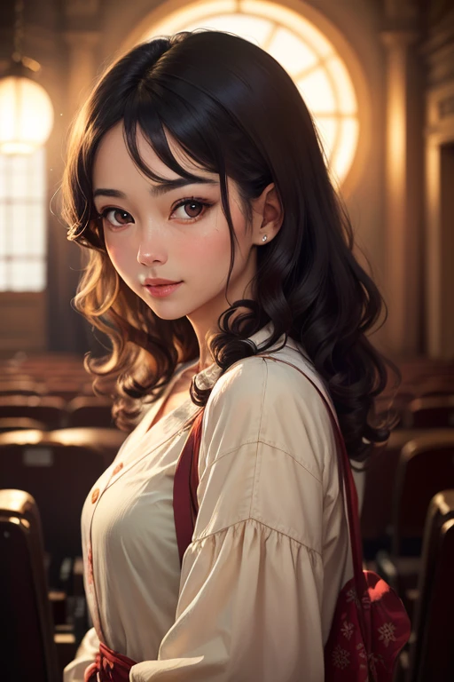 ((8 thousand, original photo, best quality, masterpiece, High detail realistic, realistic:1.professional photography)), Highly detailed eyes and face, skin,(symmetrical, clear eyes:1.2), (very detailed fingers), (highly detailed body), high resolution, beautiful and delicate eyes, (hard focus:1.4), (sharp focus:1.4), 1 Japanese woman, cute, (looking at the viewer), (upper body:1.3), happy expression, black curly hair, retro outfit, petite frame, vintage theater background, dramatic lighting, professional lighting