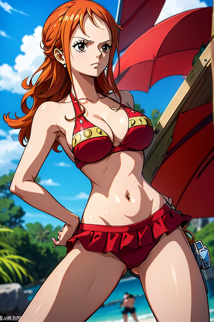 An Arafe woman wears a bikini top and red super miniskirt, nami one piece, uma obra-prima , Retrato bonito de Nami, nami from one piece,Nami em super minissaia vermelha, arte de anime digital detalhada, Cute Exirobat showing white pants, Muito detalhado Artgerm haha, deviantart artstation cgsscosiety, realistic red bikini, roupa de banho vermelha, fanart melhor artstation, Artgerm. alto detalhamento, seios grandes.