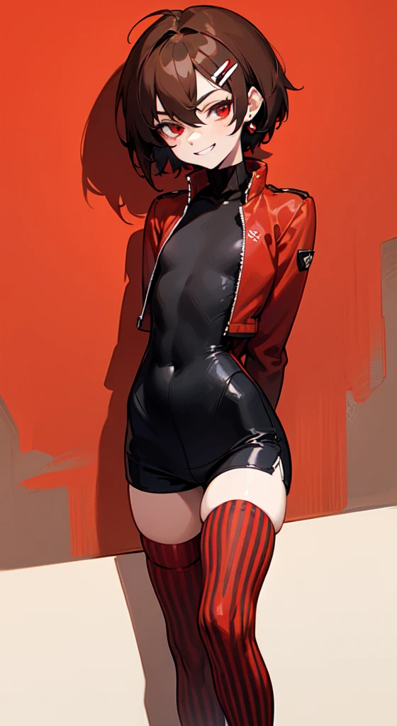 (masterpiece, sidelighting, finely detailed red eyes: 1.2), ((best quality)), ((masterpiece)), (highly detailed:1.3), anime, young girl, small chest, childish body, bodytight shirt, turtleneck, open jacket with long sleeves, body tight shorts, pale skin, (shadowed eyes, darkened eyes), (smirk, mischevious grin), (short-medium hair, brown hair, messy haircut, hair between eyes, hairclips on left side), ((red stripped legwear on right leg, black stocking on left leg)), earrings, red tatto on left hand, hands behind back, scar on left hip, solo, 1girl,