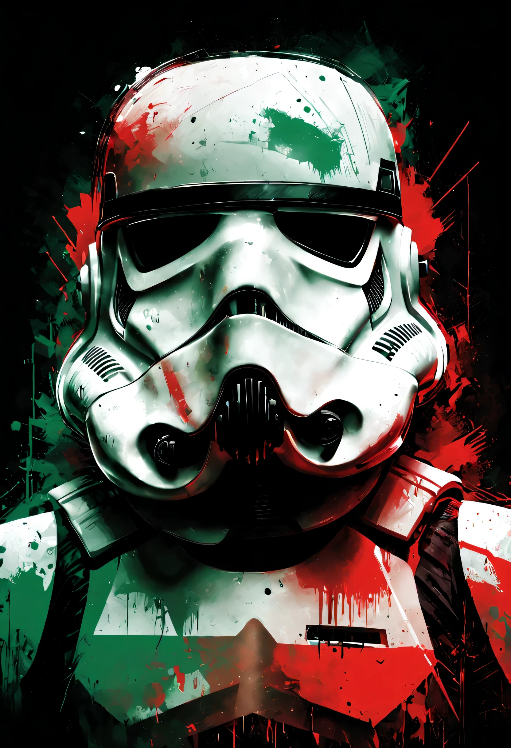 double exposure with a stormtrooper's head by Russ Mills, words "star wars" is a gradient soft red and green neon