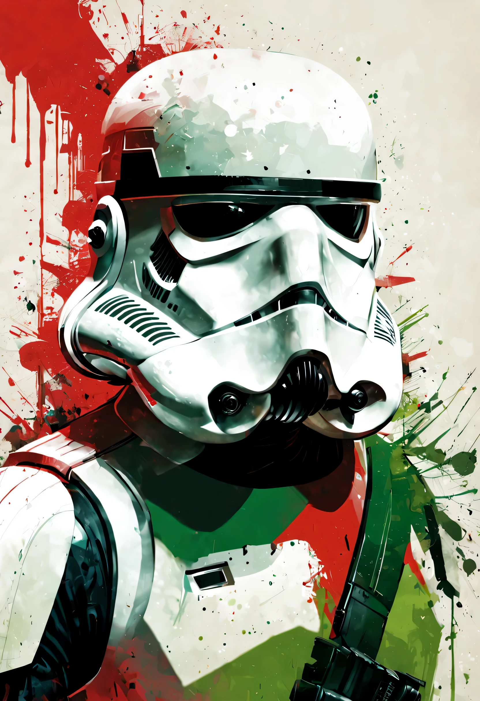 double exposure with a stormtrooper's head by Russ Mills, words "star wars" is a gradient soft red and green neon