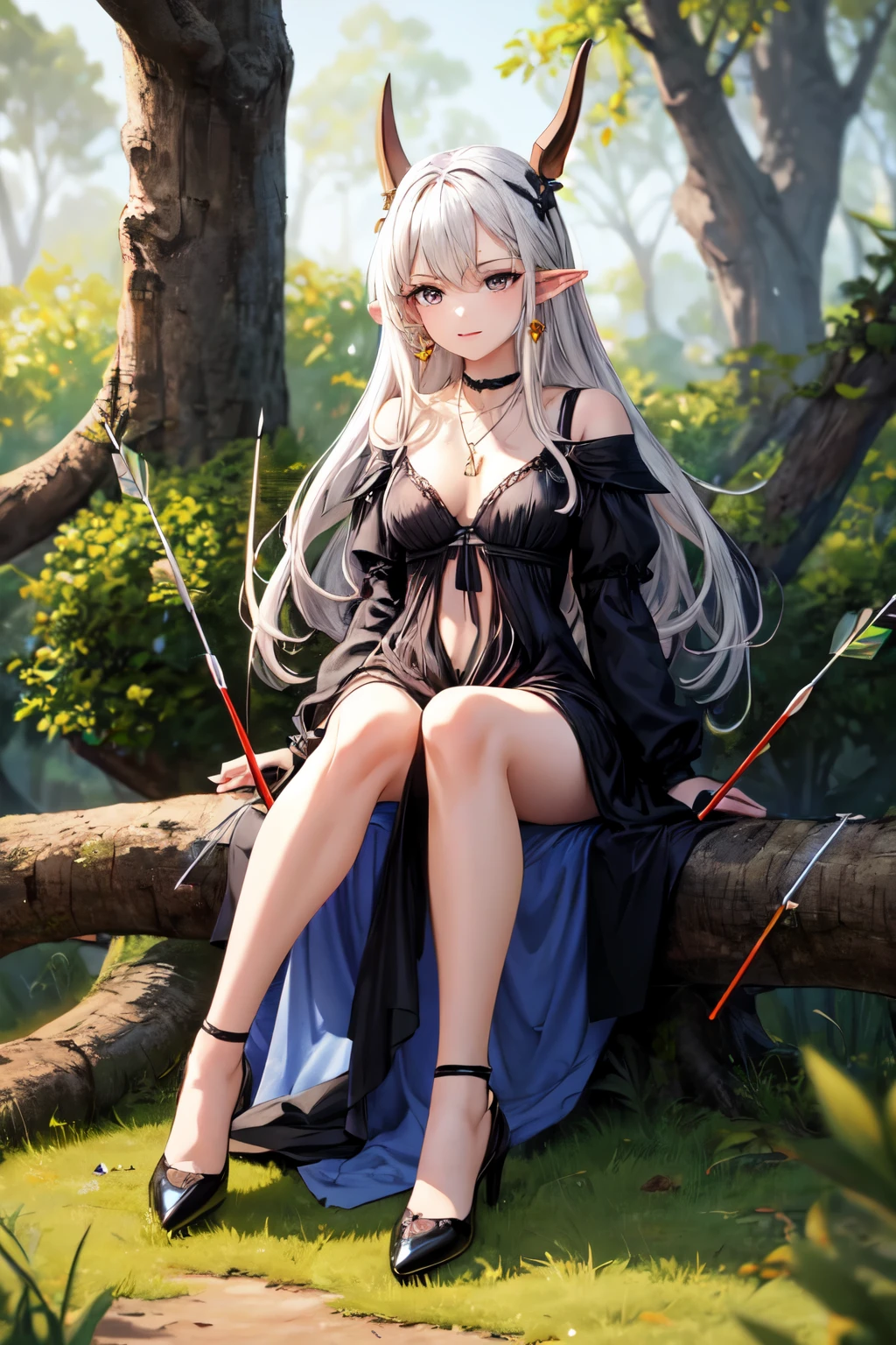 anime, God-like high elf with black eyes, not very long white hair with blue and red strands. On the neck is a necklace with three diamond-shaped diamonds. Dressed in a gray semi-open dress with cutouts at the waist, also black shoes. Three long black metal earrings on the right ear, one small earring on the left ear. Sitting on a fallen tree with an elaborate bow in his hands, behind my back is a quiver with arrows. Black bra visible through dress.