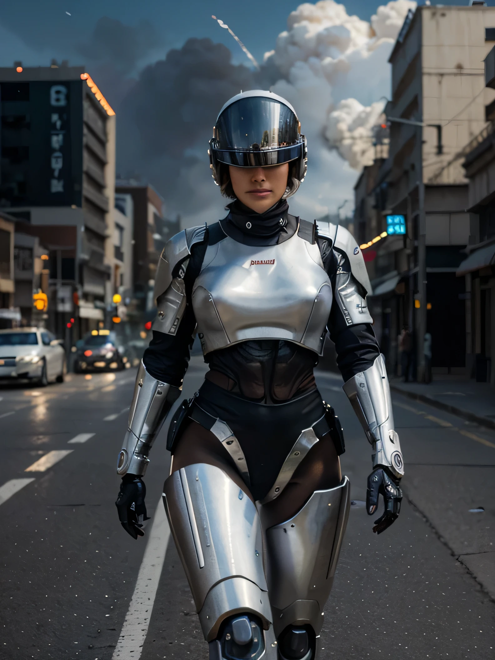 explosions, roupas brancas, helmet with visor , white chrome terminator as robocop as cyborg with big gun, rivets, an oil painting, rivets, the neutral colors, paul hedley , happy, action movie poster, fine art. royo. full view. moto yabusa. explosions behind.night.walking.