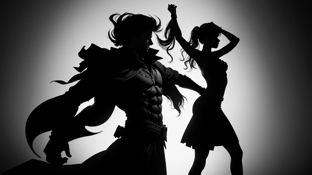 (Best Quality, 4K, 8K, High Resolution, Masterpiece: 1. 2), Ultra-detailed, creative, diverse silhouette art scenes, a variety of intricate silhouette characters, detailed scene setups, stylized characters, dynamic poses and actions, rich emotions, stark contrasts, excellent black and white compositions, impressive storyline that highlights silhouette effects; creative use of negative space; fine lines and intricate details that outline silhouettes; men; artistic interpretation of characterization and movement