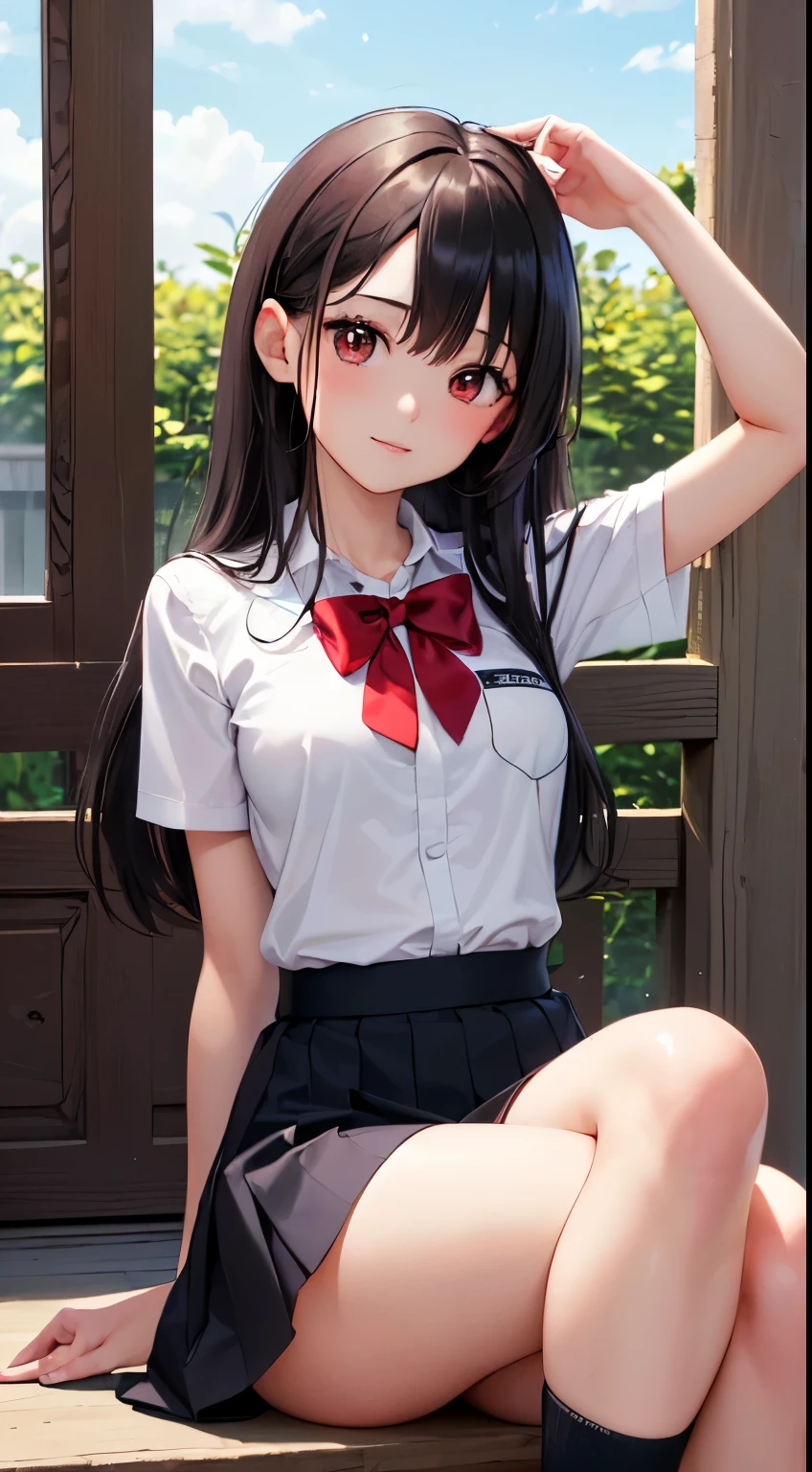 1 girl, A high resolution, (Anime style:1.1), ((masterpiece:1.5)), ((Best quality:1.3)), (very ultra-detailed:1.3), (Beautiful:1.3), 独奏, Beautiful face, (hoist), 15 year old, radiant skin, at the garden, historical dramatic scene, school uniform, black hair, (black long hair:1.3), (red eyes:1.3), view the viewer, Lens flare, Dramatic, (small breast:1.3).