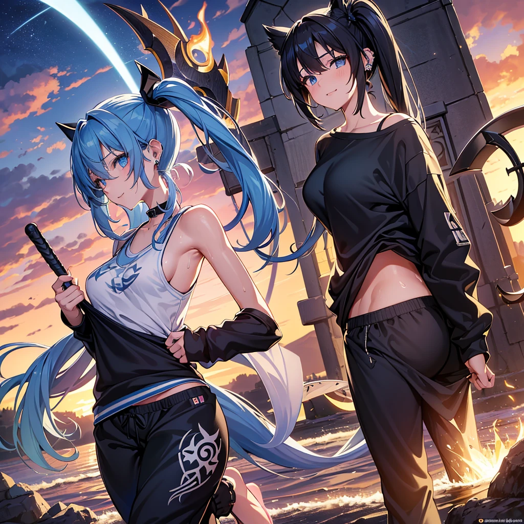 (absurderes、hight resolution、ultra-detailliert)、masterpiece、top-quality、Girl with a scythe、独奏、miku hatsune、Twin-tailed、blue eyess、ear piercinginely eye and detailed face、((Joggers、sweat pant、sandal))、Sickle design、Complex scythe、Fantasy scythe、evil smile、Dramatic skies、Isolated land、looking-down、spark of light、whirlpool、Um ser celestial、Full of elements, 2 arms, 2 legs