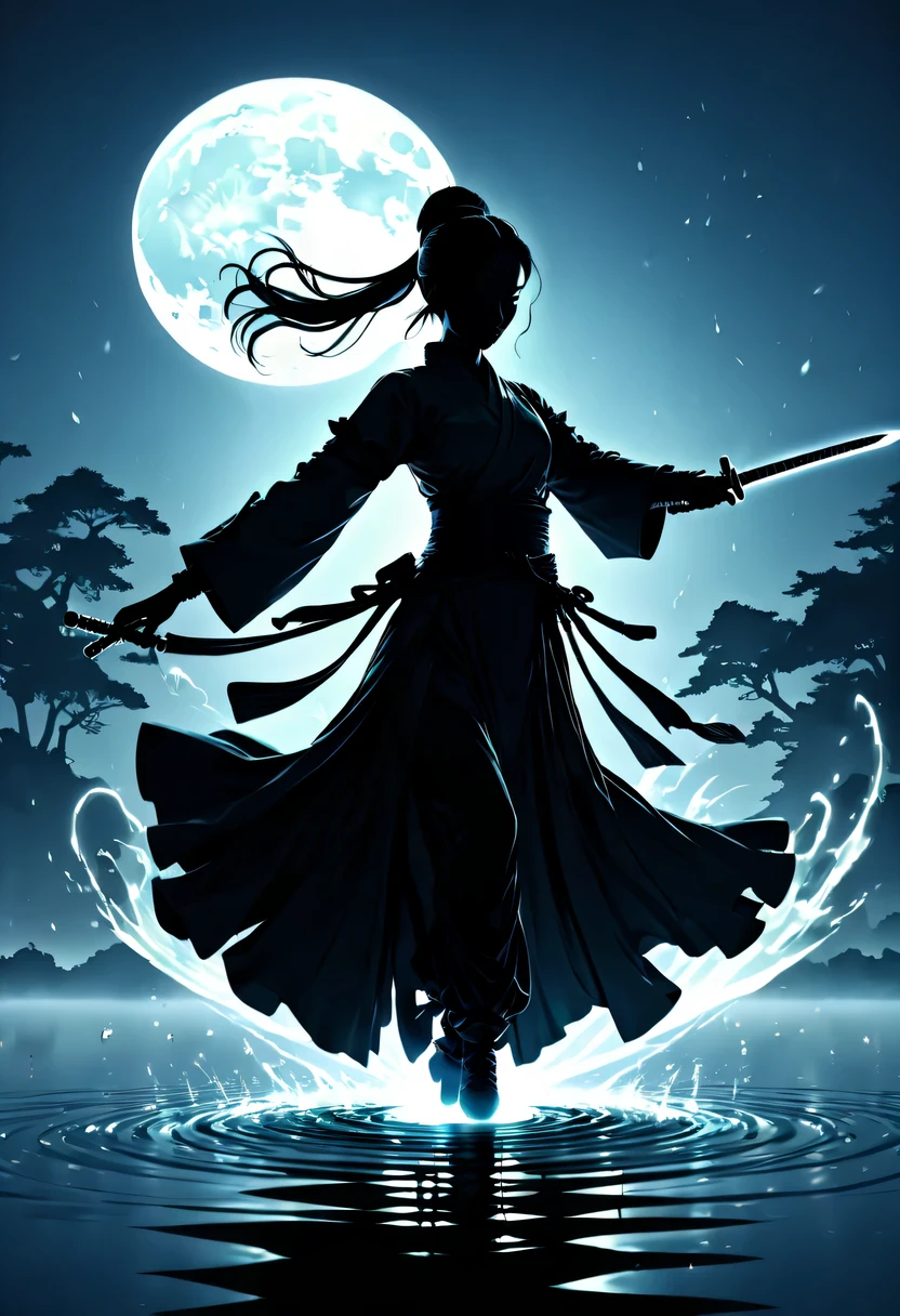 (纯Black silhouette,Silhouette of heroine dancing sword:1.5),Glowing sword,(Fighting posture，强dyna姿势:1.4),on  the lake，high contrast, movie lighting, Enigmatic Atmosphere,，lotus flower，Lotus leaf，corrugation，(splash of water;1.4)，a moon，dyna，swordsman，Kungfu，Black silhouette，Extreme backlight shooting,照片上呈现出Black silhouette(No color or detail),Creates strong contrast with bright background