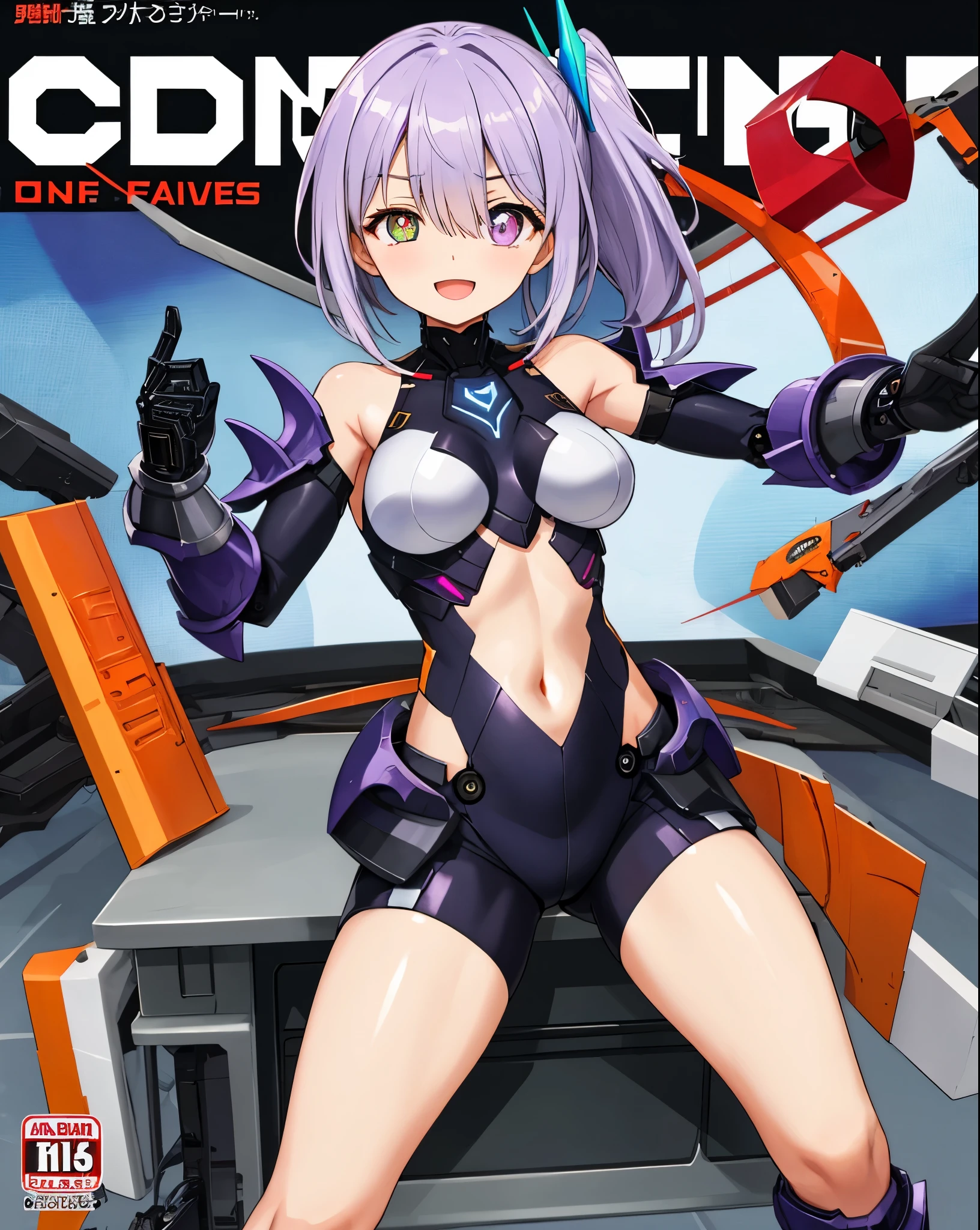 Japanese_anime_style,1figure_girl,(loli:1.5), (short_ponytail:1.3), (light_whitish_purple_hair:1.3),black_mechanical_armor_parts,white_breasts_parts_red_black_body_suit,bare_shoulder,bare_slender_thighs,medium_breasts,on_the_desk, desk_background,Stinging_eyes,(half_pupil:1.5),sleepy,thighhigh_greaves,gauntlets,dynamic_posing,bare_frank,metal_red_parts_armor,red_eye,
fists,hold_weapon,glare,navel,large_mechanical_parts,happy,waist_armor,open_mouth,rise_legs,apart_legs, (covered_navel:1.3),(very_long_bangs:1.3), (hair_over_one_eye:1.5),(long_bang_covers_right_half_of_face:1.5),
(covered_pussy:1.1),covered_breasts,armpits,
