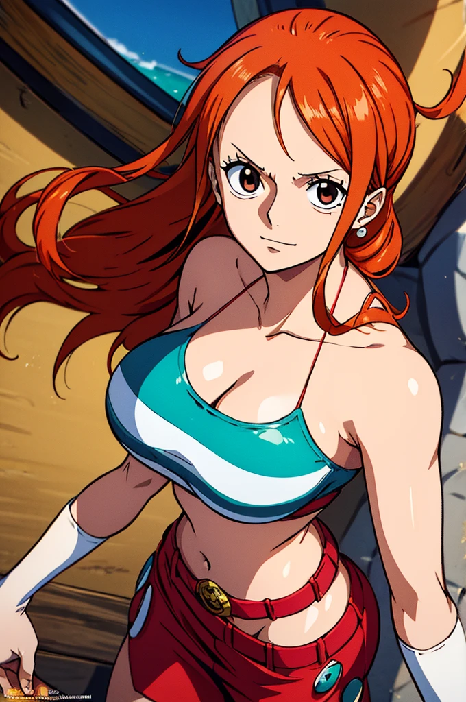 An Arafe woman wears a bikini top and red super miniskirt, nami one piece, uma obra-prima , Retrato bonito de Nami, nami from one piece,Nami em super minissaia vermelha, arte de anime digital detalhada, Cute Exirobat showing white pants, Muito detalhado Artgerm haha, deviantart artstation cgsscosiety, realistic red bikini, roupa de banho vermelha, fanart melhor artstation, Artgerm. alto detalhamento, seios grandes.