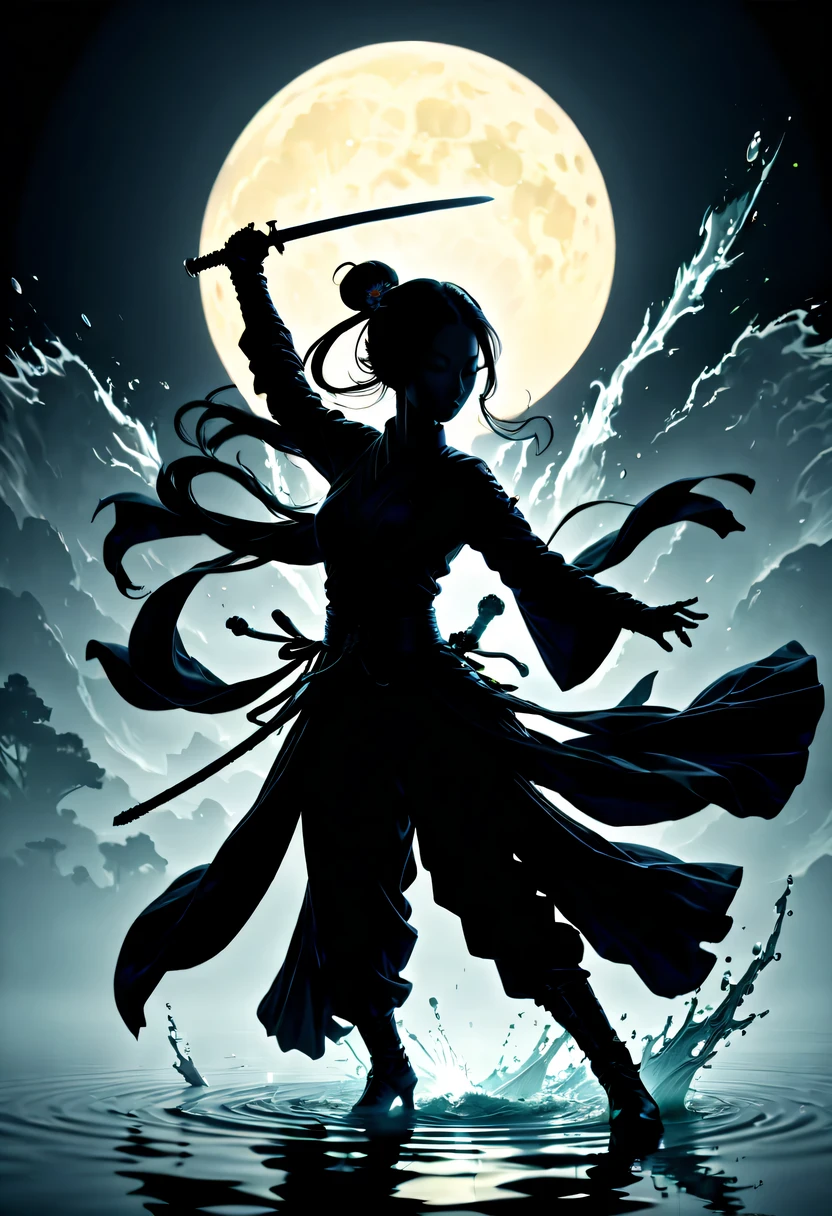 (纯Black silhouette,Silhouette of heroine dancing sword:1.5),Glowing sword,(Fighting posture,强dyna姿势:1.4),on the lake,high contrast, movie lighting, Enigmatic Atmosphere,,lotus flower,Lotus leaf,corrugation,(splash of water;1.4),a moon,dyna,swordsman,Kungfu,Black silhouette,Extreme backlight shooting,照片上呈现出Black silhouette(No color or detail),Creates strong contrast with bright background