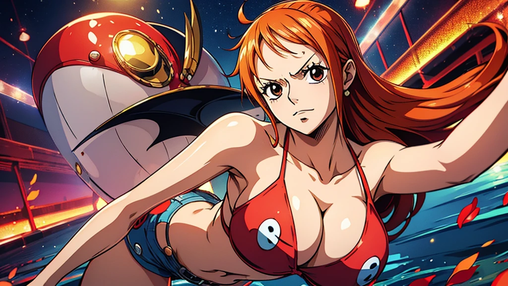 An Arafe woman wears a bikini top and red super miniskirt, nami one piece, uma obra-prima , Retrato bonito de Nami, nami from one piece,Nami em super minissaia vermelha, arte de anime digital detalhada, Cute Exirobat showing white pants, Muito detalhado Artgerm haha, deviantart artstation cgsscosiety, realistic red bikini, roupa de banho vermelha, fanart melhor artstation, Artgerm. alto detalhamento, seios grandes.