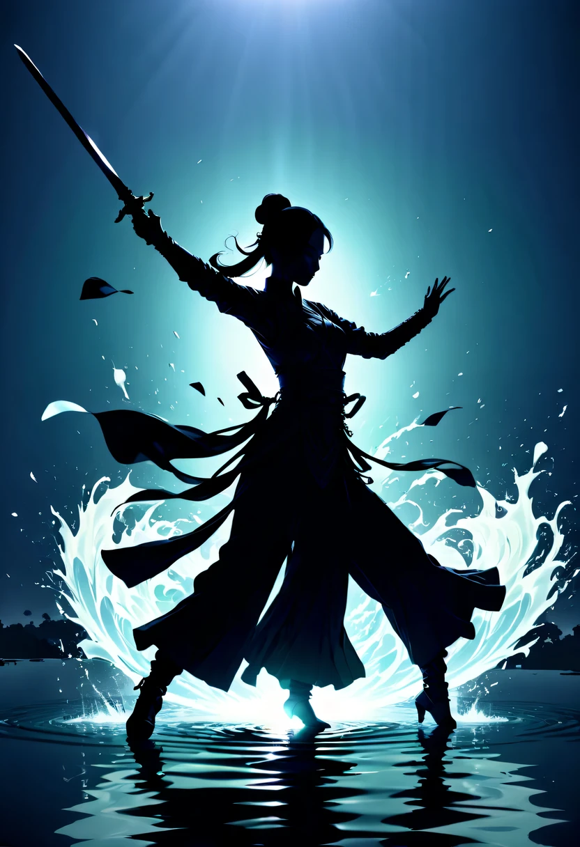 (纯Black silhouette,Silhouette of heroine dancing sword:1.5),Glowing sword,(Fighting posture,强dyna姿势:1.4),on the lake,high contrast, movie lighting, Enigmatic Atmosphere,,lotus flower,Lotus leaf,corrugation,(splash of water;1.4),a moon,dyna,swordsman,Kungfu,Black silhouette,Extreme backlight shooting,照片上呈现出Black silhouette(No color or detail),Creates strong contrast with bright background