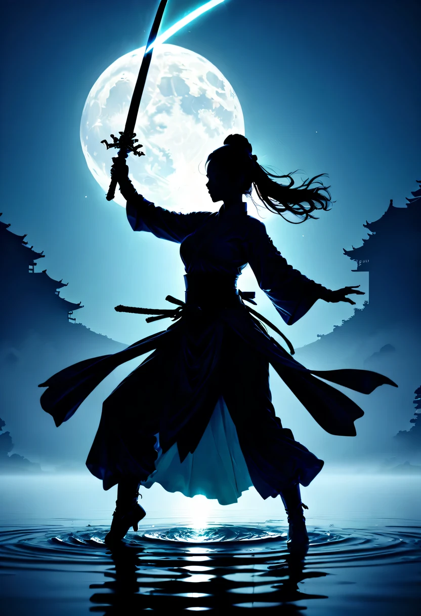 (纯Black silhouette,Silhouette of heroine dancing sword:1.5),Glowing sword,(Fighting posture,强dyna姿势:1.4),on the lake,high contrast, movie lighting, Enigmatic Atmosphere,,lotus flower,Lotus leaf,corrugation,(splash of water;1.4),a moon,dyna,swordsman,Kungfu,Black silhouette,Extreme backlight shooting,照片上呈现出Black silhouette(No color or detail),Creates strong contrast with bright background