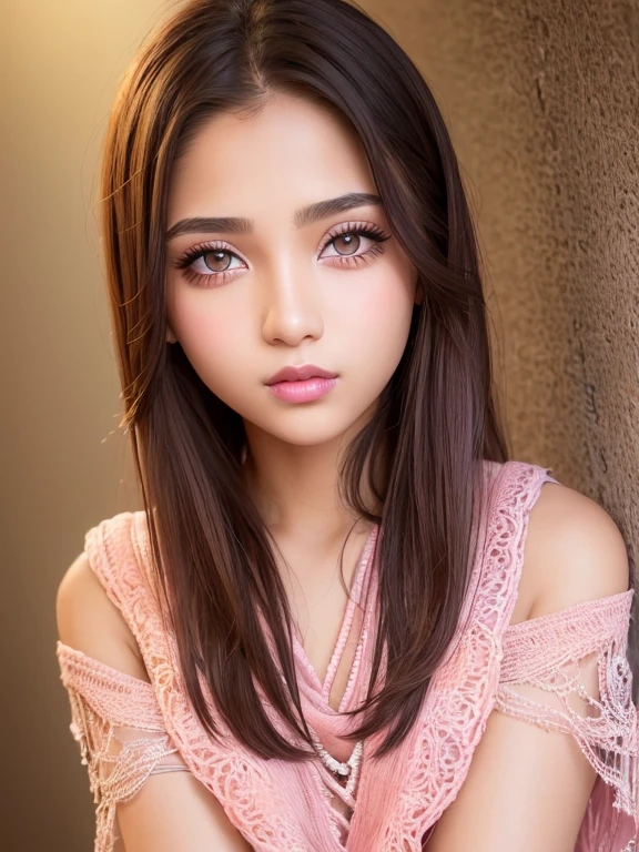 beautiful girl, brown_eyeeautiful slim age girl 18 year old, lips, realistic, narrow waist, charming, pink lipstick, colorful makeup, long eyelashes, wearing eyeliner, fair skin, (cute), (detailed face), detailed eyes, detailed iris, pink long shawl