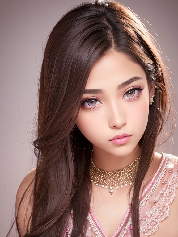 beautiful girl, brown_eyeeautiful slim teenage girl 18 year old, lips, realistic, narrow waist, charming, pink lipstick, colorful makeup, long eyelashes, wearing eyeliner, fair skin, (cute), (detailed face), detailed eyes, detailed iris, pink long shawl