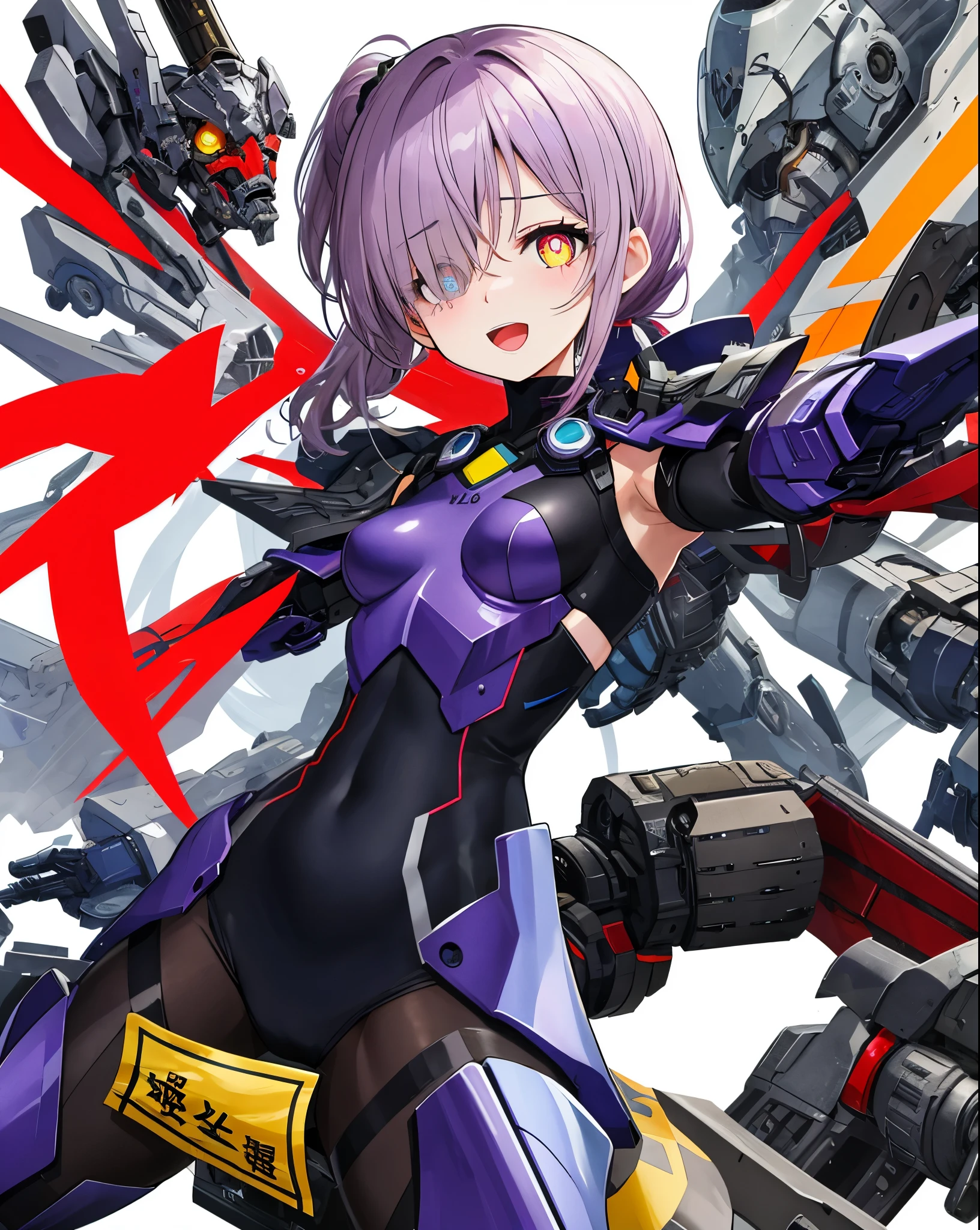 Japanese_anime_style,1figure_girl,(loli:1.5), (short_ponytail:1.3), (light_whitish_purple_hair:1.3),black_mechanical_armor_parts,white_breasts_parts_red_black_body_suit,bare_shoulder,bare_slender_thighs,medium_breasts,on_the_desk, desk_background,Stinging_eyes,(half_pupil:1.5),sleepy,thighhigh_greaves,gauntlets,dynamic_posing,bare_frank,metal_red_parts_armor,red_eye,
fists,hold_weapon,glare,navel,large_mechanical_parts,happy,waist_armor,open_mouth,rise_legs,apart_legs, (covered_navel:1.3),(very_long_bangs:1.3), (hair_over_one_eye:1.5),(long_bang_covers_right_half_of_face:1.5),
(covered_pussy:1.1),covered_breasts,armpits,