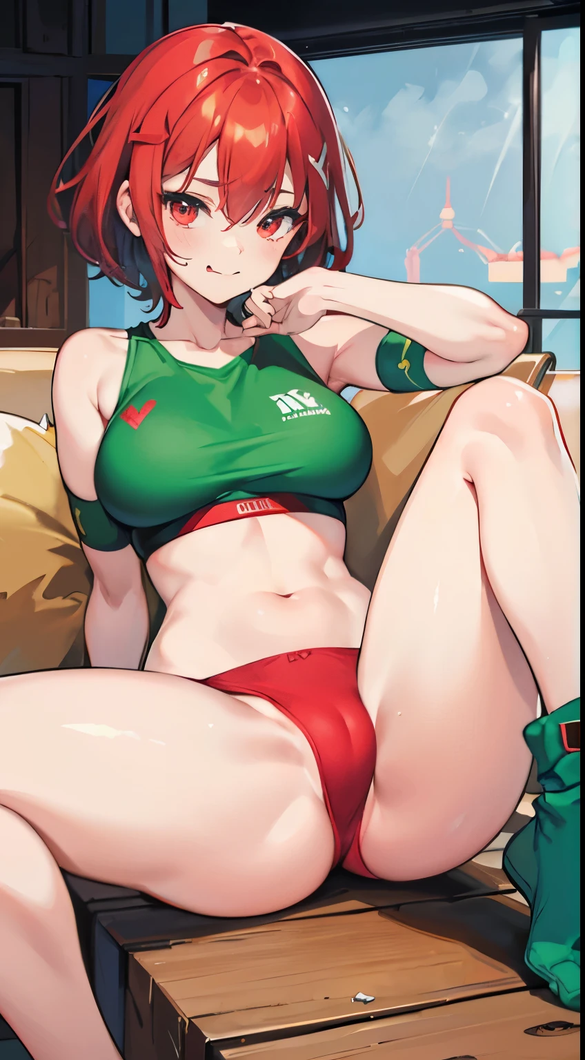 X-rated,Under the legend,Chara,age girl,Red-eyed,Smile,Sexy,green,Chest leak,short crop top,hot pant,with short brown haice turned red,Underwear model,lust,Hand repair,detail, clothing,HD,no underwares, television show,Upturned buttocks,stick out your tongue,Playful,love heart,sweat,big ass,sitting,opening legs,open legs,camel-toe,secretion,Liquid runoff,Thick liquid