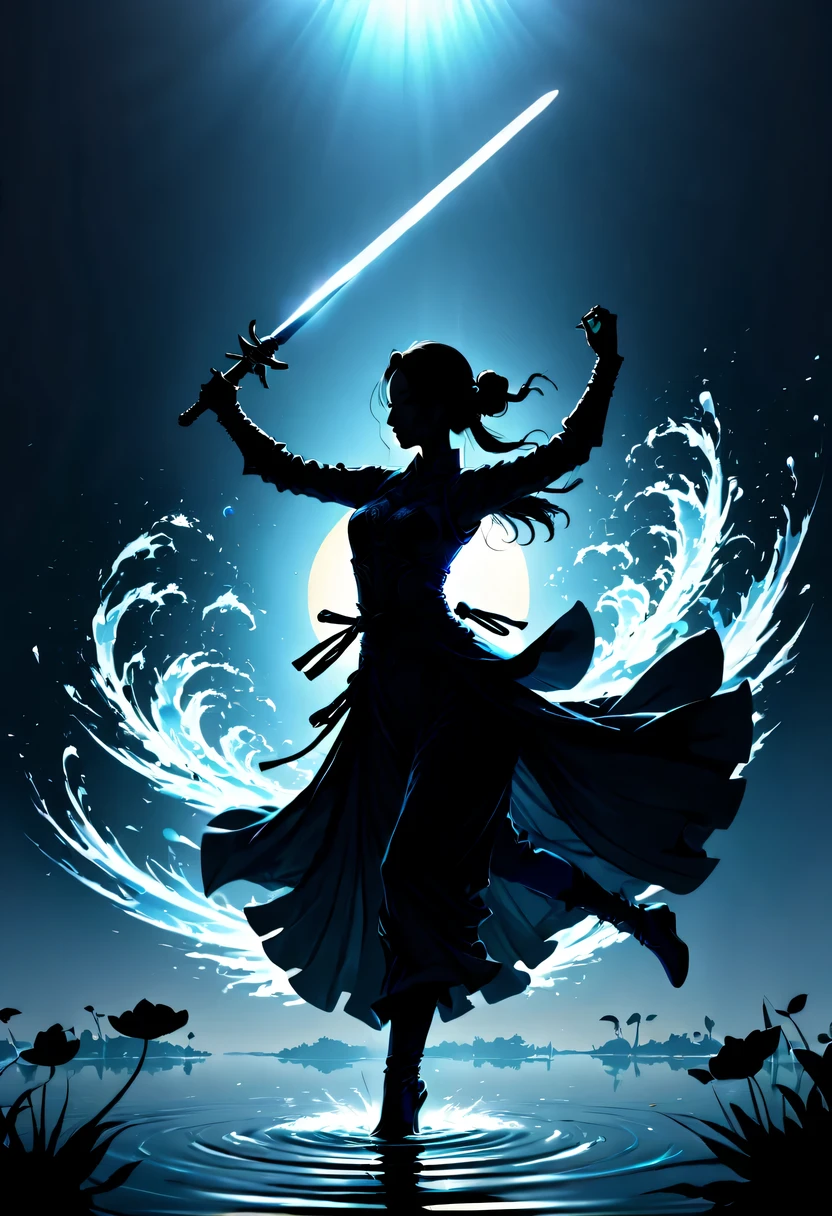 (纯Black silhouette,Silhouette of heroine dancing sword:1.5),Glowing sword,(Fighting posture,强dyna姿势:1.4),on the lake,high contrast, movie lighting, Enigmatic Atmosphere,,lotus flower,Lotus leaf,corrugation,(splash of water;1.4),a moon,dyna,swordsman,Kungfu,Black silhouette,Extreme backlight shooting,照片上呈现出Black silhouette(No color or detail),Creates strong contrast with bright background