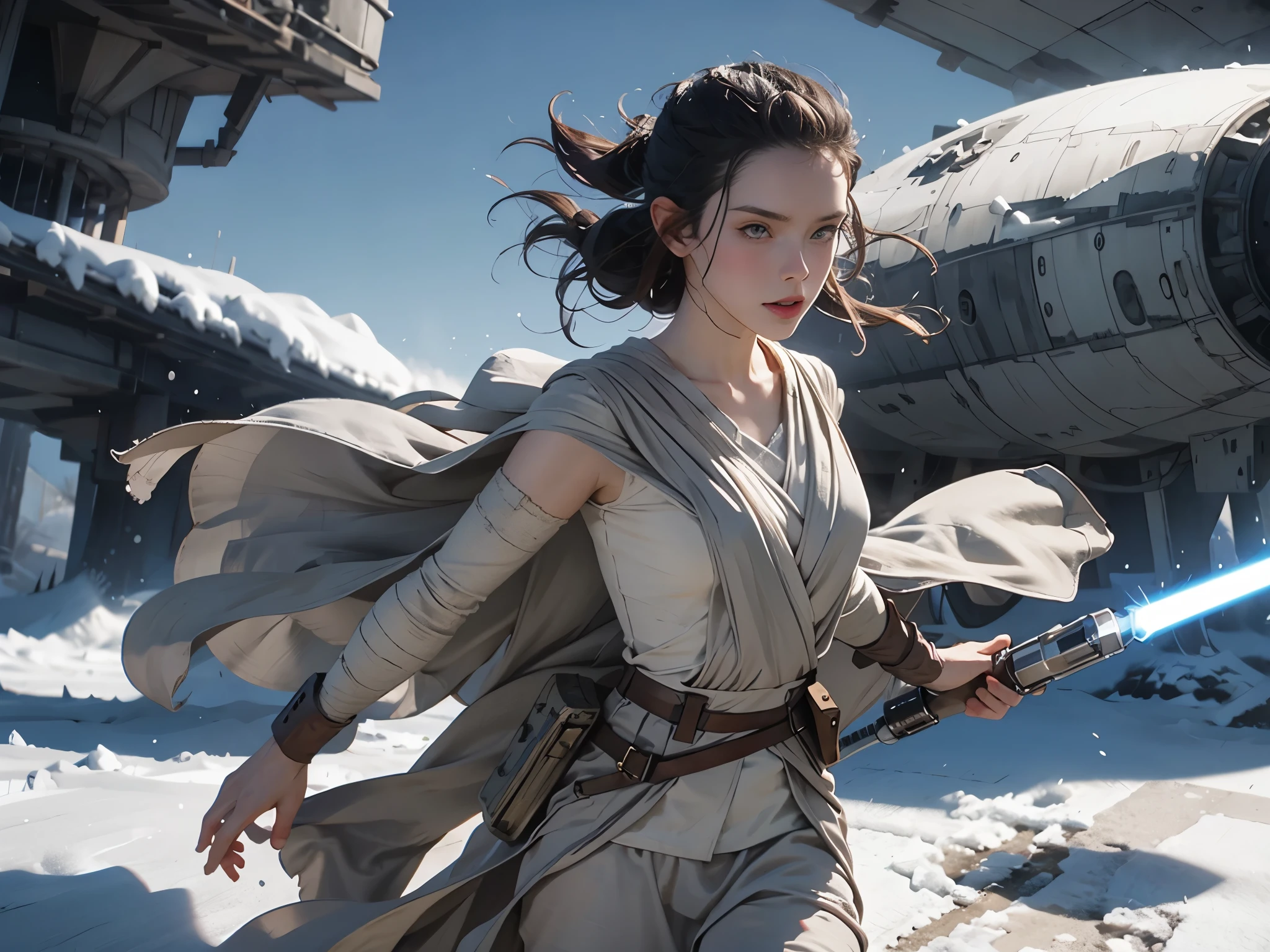 big hips, cute, enface, pale skin, lightsaber, masterpiece, robe , cape, jedi clothes,  star wars, snow, mangabook, portrait,
