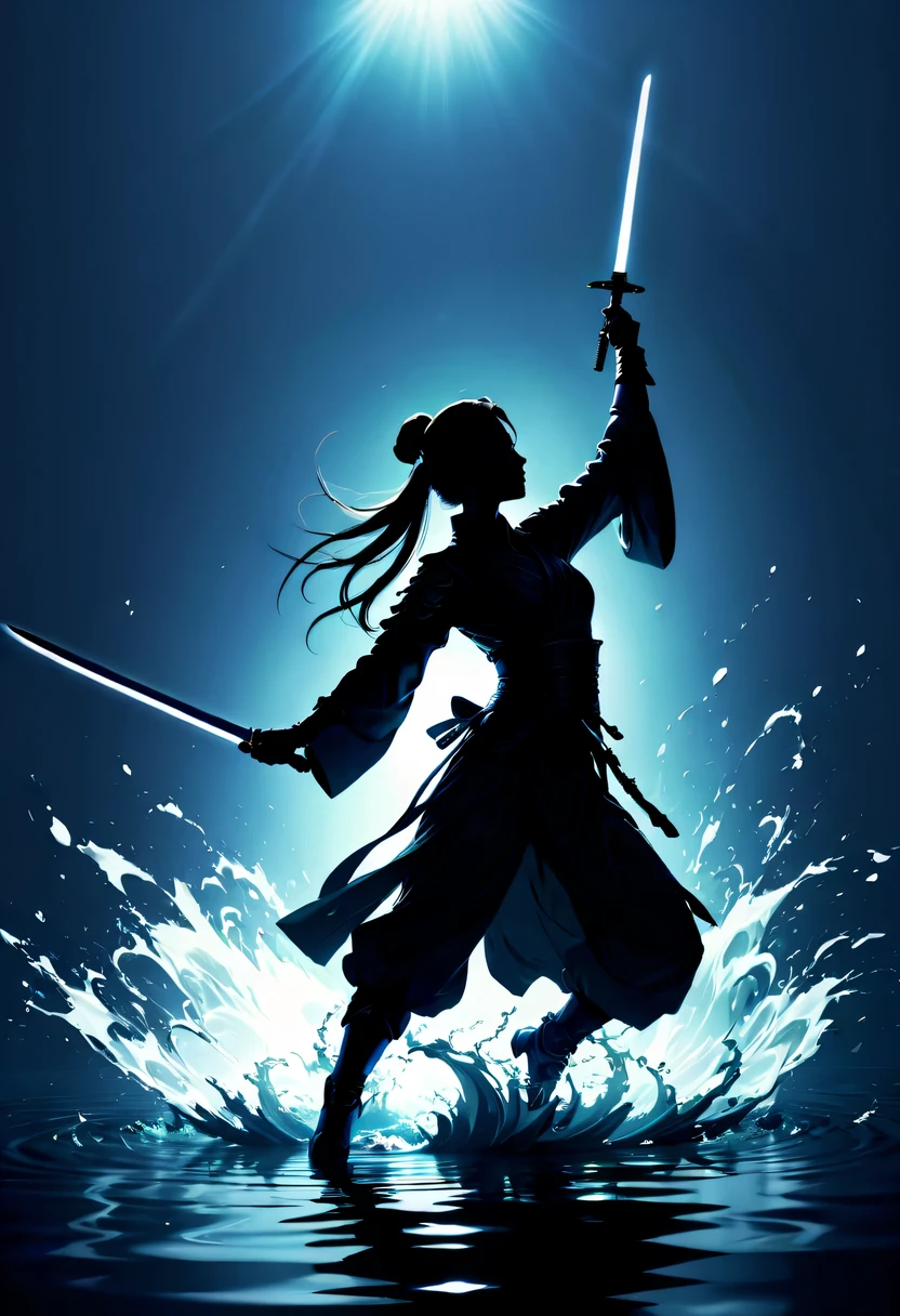 (纯Black silhouette,Silhouette of heroine dancing sword:1.5),Glowing sword,(Fighting posture,强dyna姿势:1.4),on the lake,high contrast, movie lighting, Enigmatic Atmosphere,,lotus flower,Lotus leaf,corrugation,(splash of water;1.4),a moon,dyna,swordsman,Kungfu,Black silhouette,Extreme backlight shooting,照片上呈现出Black silhouette(No color or detail),Creates strong contrast with bright background