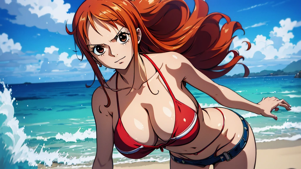 An Arafe woman wears a bikini top and red super miniskirt, nami one piece, uma obra-prima , Retrato bonito de Nami, nami from one piece,Nami em super minissaia vermelha, arte de anime digital detalhada, Cute Exirobat showing white pants, Muito detalhado Artgerm haha, deviantart artstation cgsscosiety, realistic red bikini, roupa de banho vermelha, fanart melhor artstation, Artgerm. alto detalhamento, seios grandes.