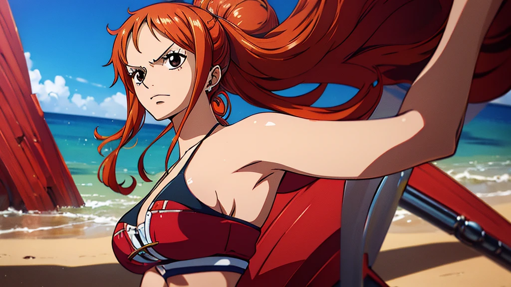 An Arafe woman wears a bikini top and red super miniskirt, nami one piece, uma obra-prima , Retrato bonito de Nami, nami from one piece,Nami em super minissaia vermelha, arte de anime digital detalhada, Cute Exirobat showing white pants, Muito detalhado Artgerm haha, deviantart artstation cgsscosiety, realistic red bikini, roupa de banho vermelha, fanart melhor artstation, Artgerm. alto detalhamento, seios grandes.