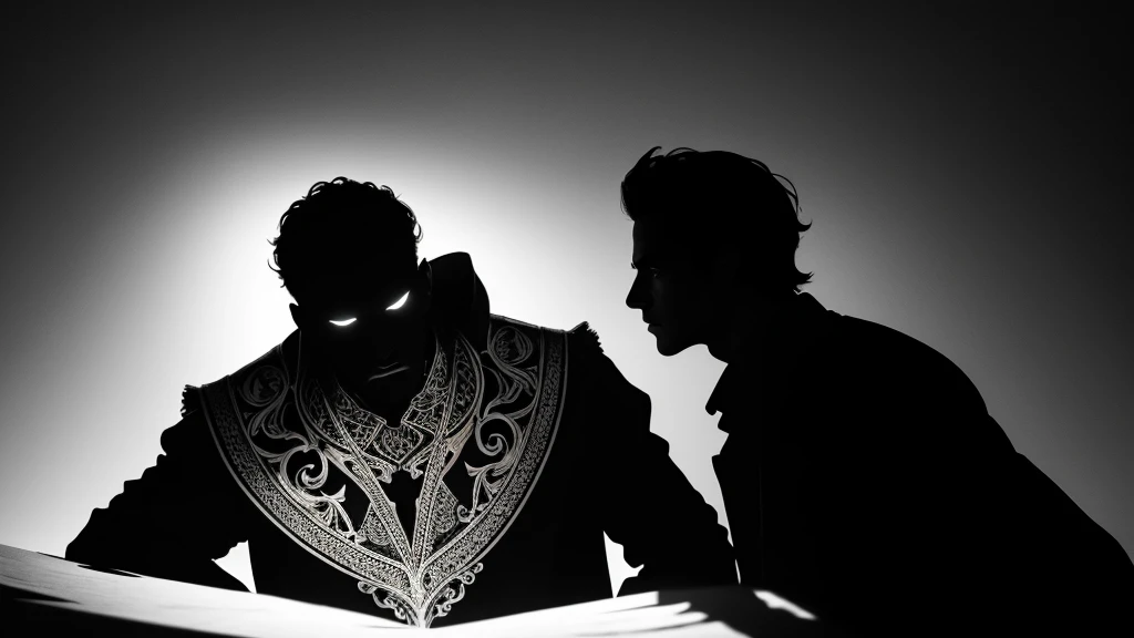 (Best Quality, 4K, 8K, High Resolution, Masterpiece: 1. 2), Super detailed, creative, varied silhouette art scenes, a variety of intricate silhouetted characters, detailed scene setups, lifelike characters, rich emotions, stark contrasts, excellent black and white compositions, impressive storyline, highlighting silhouettes; creative use of negative space; fine lines and intricate details that outlines silhouettes; men; artistic interpretation of characterization and movement