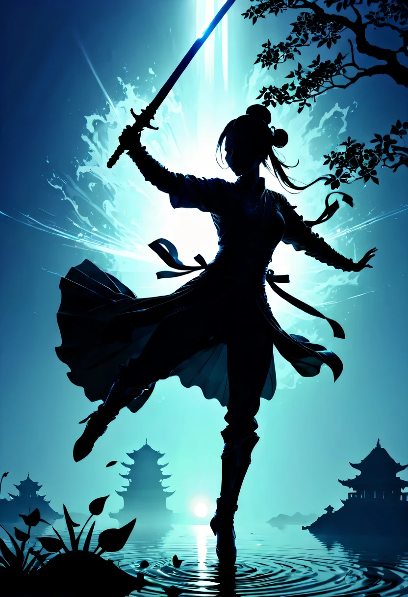 (纯Black silhouette,Silhouette of heroine dancing sword:1.5),Glowing sword,(Fighting posture,强dyna姿势:1.4),on the lake,high contrast, movie lighting, Enigmatic Atmosphere,,lotus flower,Lotus leaf,corrugation,(splash of water;1.4),a moon,dyna,swordsman,Kungfu,Black silhouette,Extreme backlight shooting,照片上呈现出Black silhouette(No color or detail),Creates strong contrast with bright background
