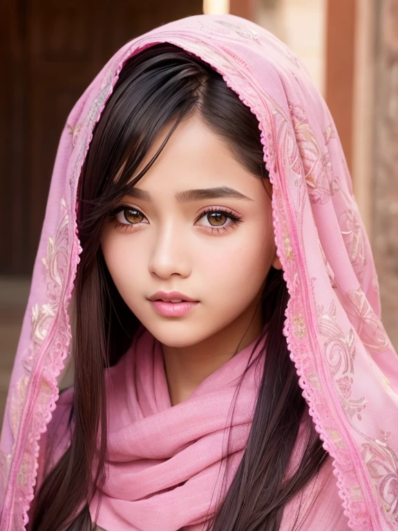 pink long shawl, beautiful girl, brown_eyeeautiful slim teenage girl 18 year old, lips, realistic, narrow waist, charming, pink lipstick, colorful makeup, long eyelashes, wearing eyeliner, fair skin, (cute), (detailed face), detailed eyes, detailed iris