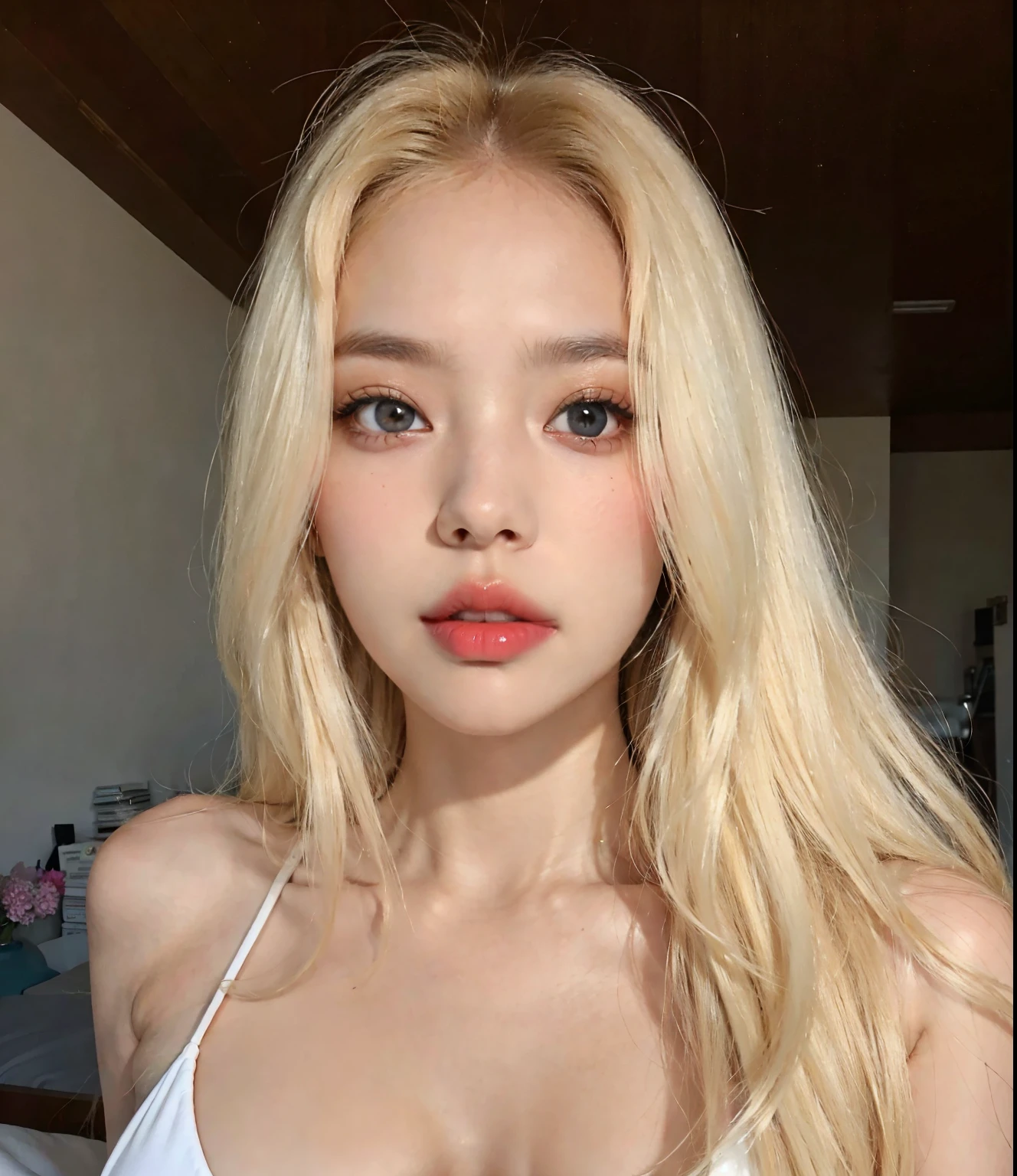 a close up of a woman with long blonde hair wearing a white top, long blonde hair and large eyes, Jennie blackpink , a gorgeous blonde, a girl with blonde hair, pale glowing skin, Jennie Kim of blackpink, beautiful blonde girl, blonde and attractive features, long blonde hair and blue eyes, blonde hair and large eyes, princess, Great quality