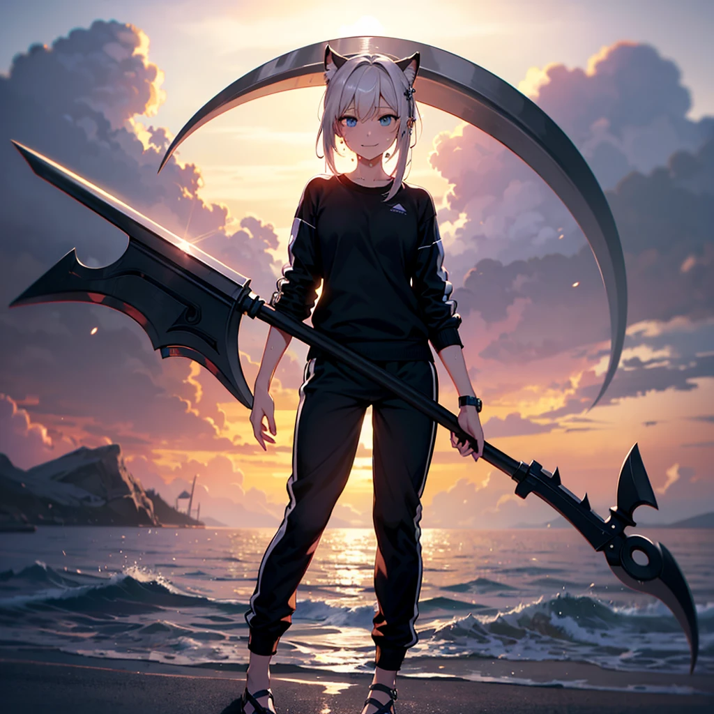 (absurderes、hight resolution、ultra-detailliert)、masterpiece、top-quality、Girl with a scythe、独奏、miku hatsune、Twin-tailed、blue eyess、ear piercinginely eye and detailed face、((Joggers、sweat pant、sandal))、Sickle design、Complex scythe、Fantasy scythe、evil smile、Dramatic skies、Isolated land、looking-down、spark of light、whirlpool、Um ser celestial、Full of elements,