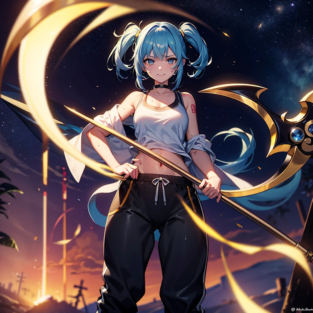(absurderes、hight resolution、ultra-detailliert)、​masterpiece、top-quality、Girl with a scythe、独奏、miku hatsune、Twin-tailed、blue eyess、ear piercinginely eye and detailed face、((Joggers、sweat pant、sandal))、Sickle design、Complex scythe、Fantasy scythe、evil smile、Dramatic skies、Isolated land、looking-down、spark of light、whirlpool、Um ser celestial、Full of elements,