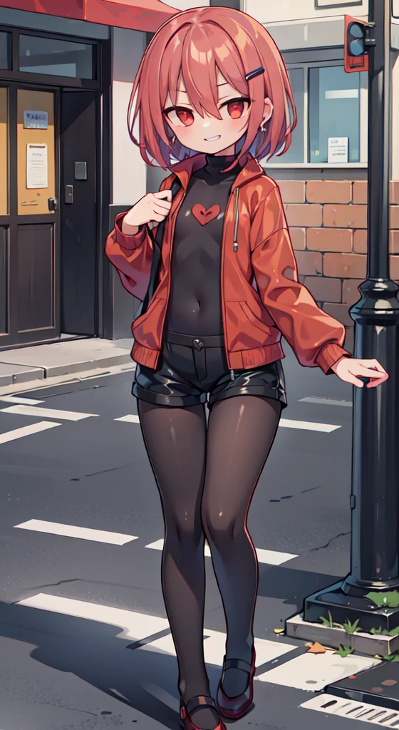 (masterpiece, sidelighting, finely detailed red eyes: 1.2), ((best quality)), ((masterpiece)), (highly detailed:1.3), anime, young girl, small chest, childish body, bodytight shirt, turtleneck, open jacket with long sleeves, body tight shorts, pale skin, (shadowed eyes, darkened eyes), (smirk, mischevious grin), (short-medium hair, brown hair, messy haircut, hair between eyes, hairclips on left side), ((red stripped tights with black lines)), earrings, red tatto on left hand, hands behind back, scar on left hip, solo, 1girl, walking down the street,