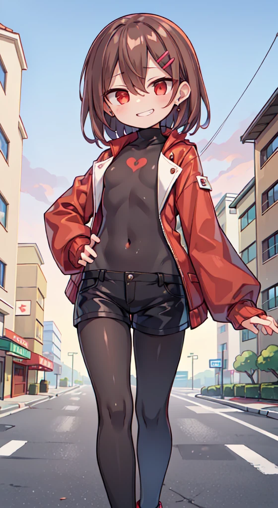 (masterpiece, sidelighting, finely detailed red eyes: 1.2), ((best quality)), ((masterpiece)), (highly detailed:1.3), anime, young girl, small chest, childish body, bodytight shirt, turtleneck, open jacket with long sleeves, body tight shorts, pale skin, (shadowed eyes, darkened eyes), (smirk, mischevious grin), (short-medium hair, brown hair, messy haircut, hair between eyes, hairclips on left side), ((red stripped tights with black lines)), earrings, red tatto on left hand, hands behind back, scar on left hip, solo, 1girl, walking down the street,