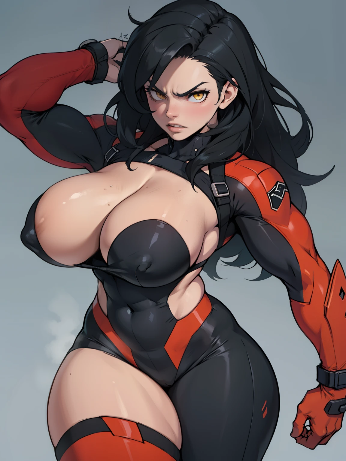 best quality best quality best quality black hair yellow eyes pale skin muscular huge breasts thick thighs angry solo extremely long hair girl body suit highly detailed highly detailed thick thick