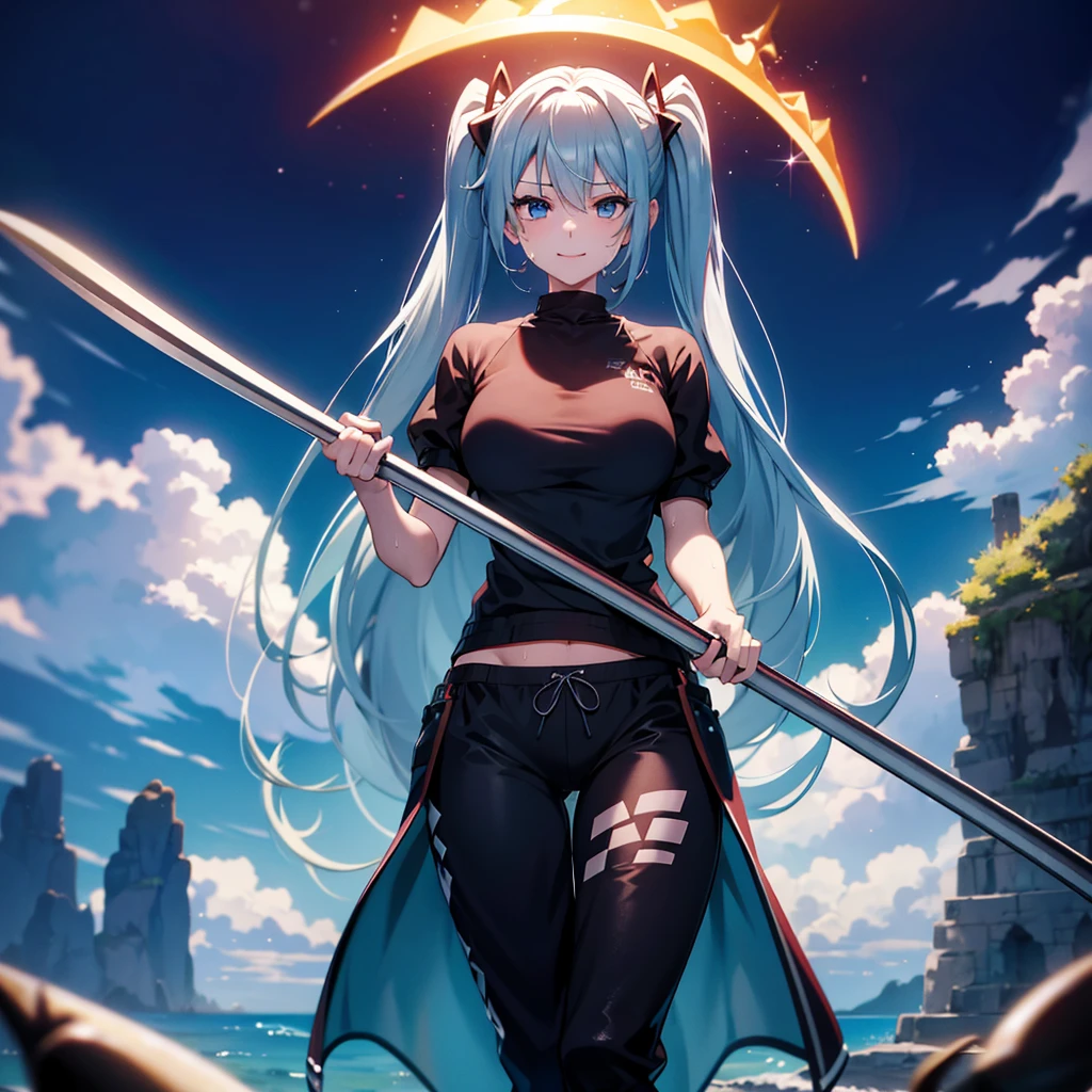 (absurderes、hight resolution、ultra-detailliert)、​masterpiece、top-quality、Girl with a scythe、独奏、miku hatsune、Twin-tailed、blue eyess、ear piercinginely eye and detailed face、((Joggers、sweat pant、sandal))、Sickle design、Complex scythe、Fantasy scythe、evil smile、Dramatic skies、Isolated land、looking-down、spark of light、whirlpool、Um ser celestial、Full of elements,