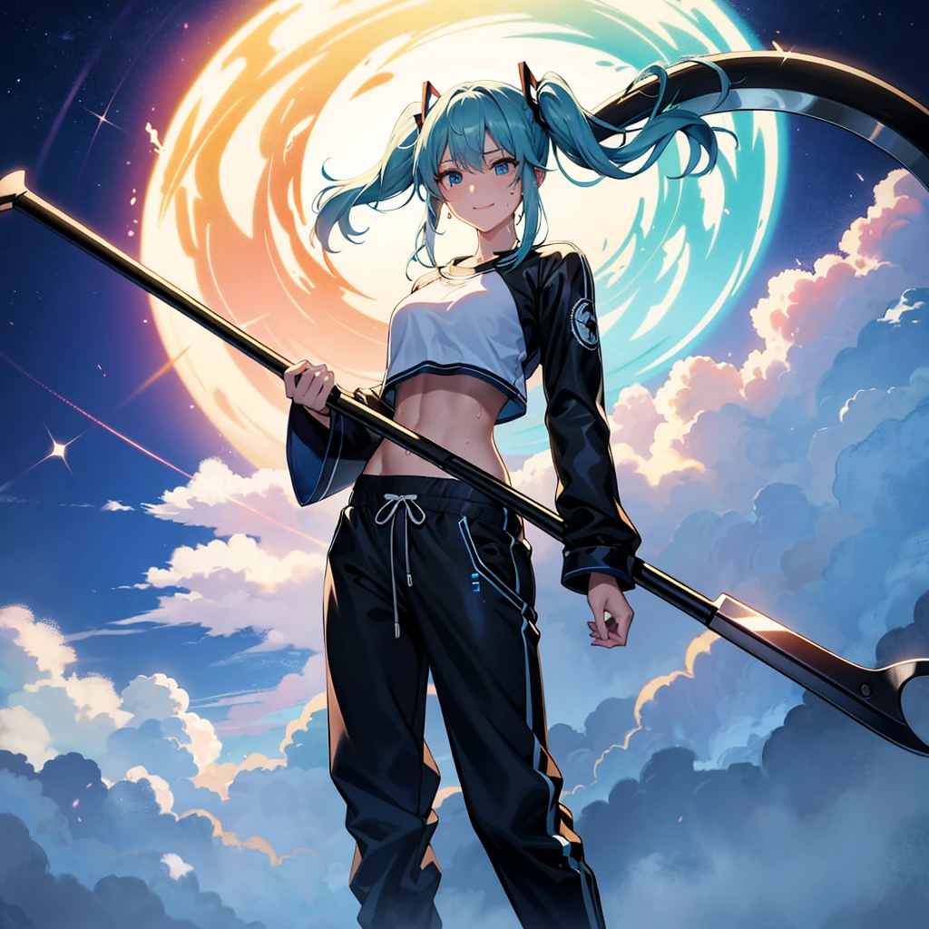 (absurderes、hight resolution、ultra-detailliert)、masterpiece、top-quality、Girl with a scythe、独奏、miku hatsune、Twin-tailed、blue eyess、ear piercinginely eye and detailed face、((Joggers、sweat pant、sandal))、Sickle design、Complex scythe、Fantasy scythe、evil smile、Dramatic skies、Isolated land、looking-down、spark of light、whirlpool、Um ser celestial、Full of elements,
