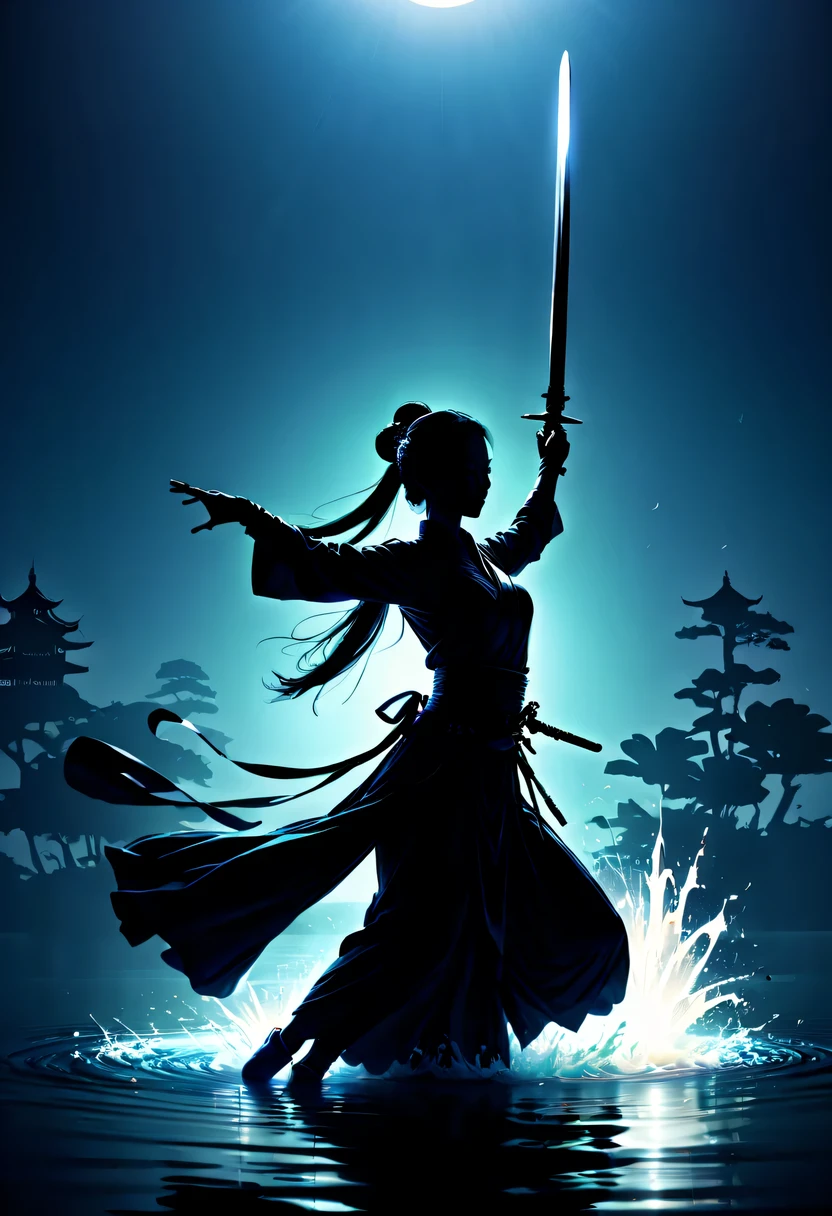 (纯Black silhouette,Silhouette of heroine dancing sword:1.5),Glowing sword,(Fighting posture,强dyna姿势:1.4),on the lake,high contrast, movie lighting, Enigmatic Atmosphere,,lotus flower,Lotus leaf,corrugation,(splash of water;1.4),a moon,dyna,swordsman,Kungfu,Black silhouette,Extreme backlight shooting,照片上呈现出Black silhouette(No color or detail),Creates strong contrast with bright background