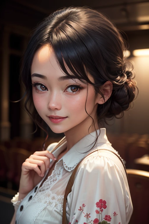 ((8 thousand, original photo, best quality, masterpiece, High detail realistic, realistic:1.professional photography)), Highly detailed eyes and face, skin,(Symmetry, clear eyes:1.2), (very detailed fingers), (highly detailed body), high resolution, beautiful and delicate eyes, (hard focus:1.4), (sharp focus:1.4), 1 japanese woman, smile at the viewer), (upper body:1.3), happy expression, black hair, retro outfit, petite frame, vintage theater background, dramatic lighting, professional lighting