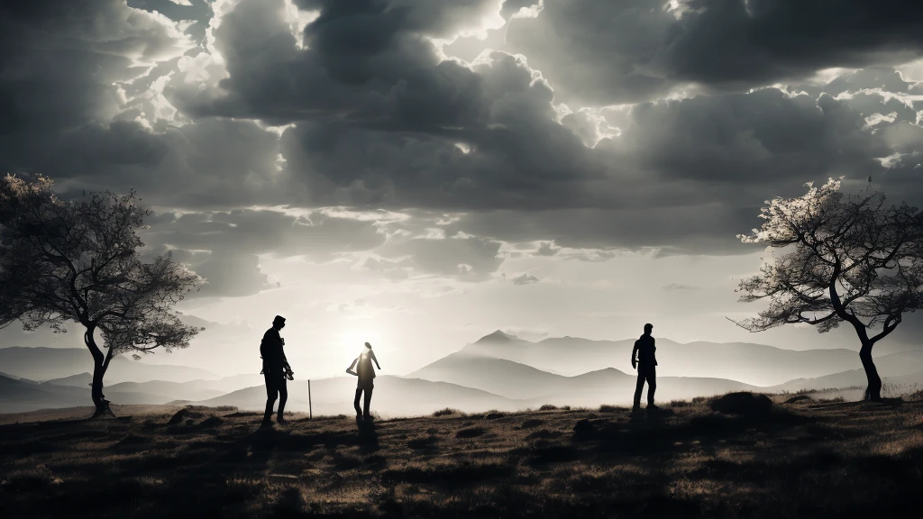(Best Quality, 4K, 8K, High Resolution, Masterpiece: 1. 2), Super detailed, creative, varied silhouette art scenes, a variety of intricate silhouetted characters, detailed scene setups, lifelike characters, rich emotions, stark contrasts, excellent black and white compositions, impressive storyline, highlighting silhouettes; creative use of negative space; fine lines and intricate details that outlines silhouettes; men; artistic interpretation of characterization and movement
