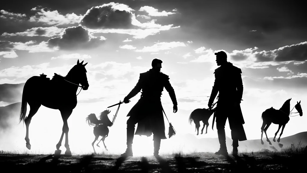 (Best Quality, 4K, 8K, High Resolution, Masterpiece: 1. 2), Super detailed, creative, varied silhouette art scenes, a variety of intricate silhouetted characters, detailed scene setups, lifelike characters, rich emotions, stark contrasts, excellent black and white compositions, impressive storyline, highlighting silhouettes; creative use of negative space; fine lines and intricate details that outlines silhouettes; men; artistic interpretation of characterization and movement