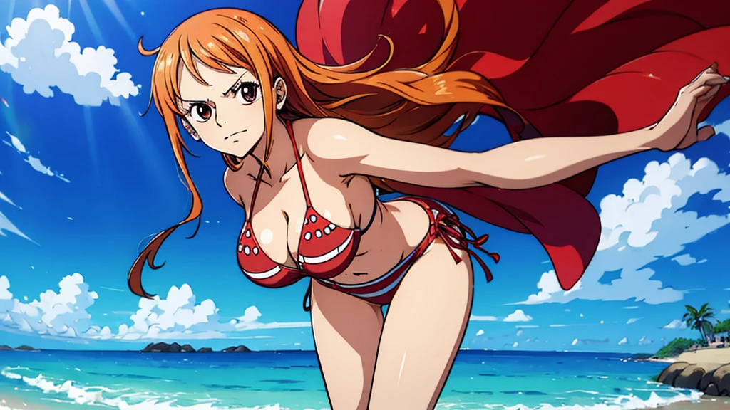 An Arafe woman wears a bikini top and red super miniskirt, nami one piece, uma obra-prima , Retrato bonito de Nami, nami from one piece,Nami em super minissaia vermelha, arte de anime digital detalhada, Cute Exirobat showing white pants, Muito detalhado Artgerm haha, deviantart artstation cgsscosiety, realistic red bikini, roupa de banho vermelha, fanart melhor artstation, Artgerm. alto detalhamento, seios grandes.