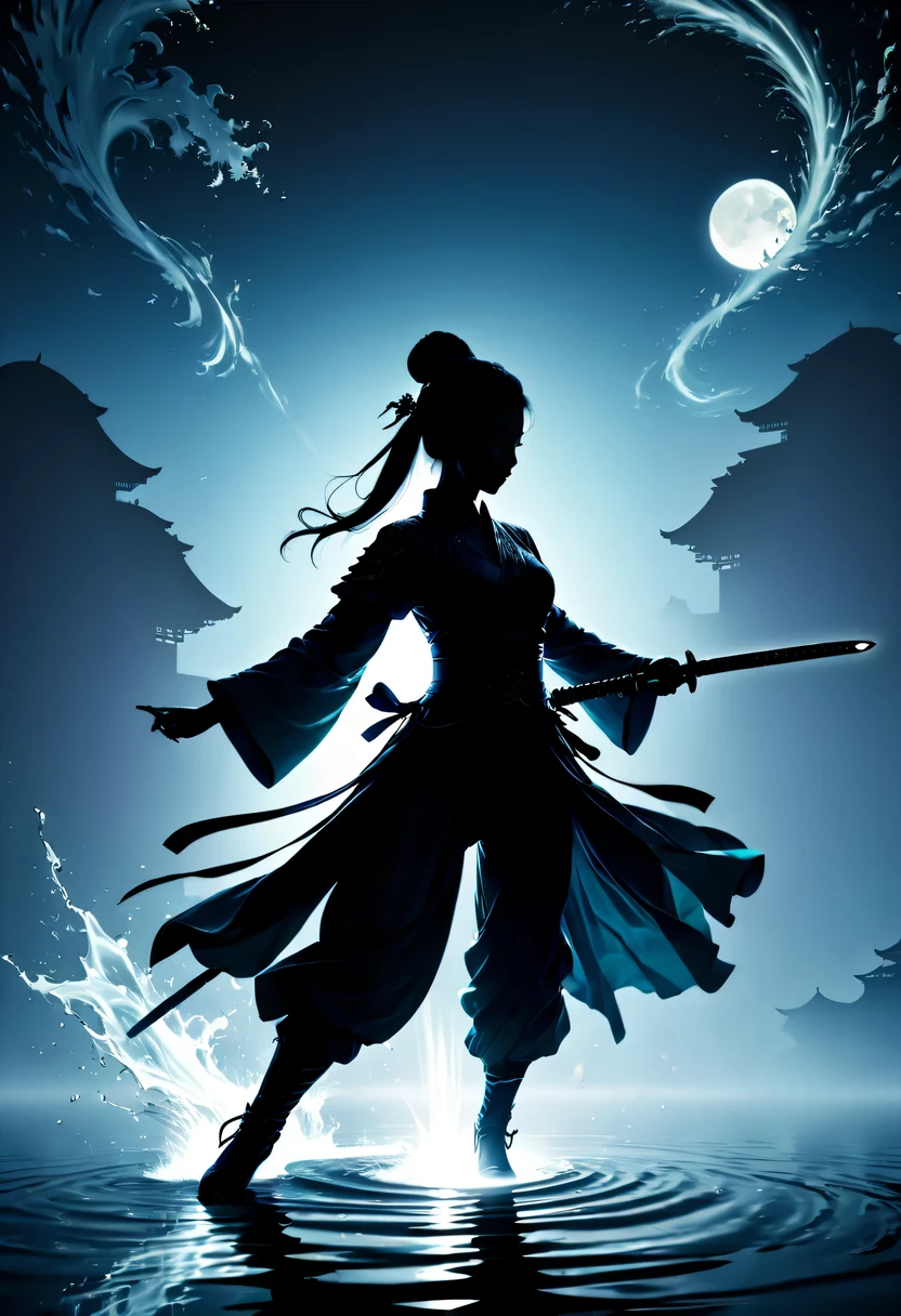 (纯Black silhouette,Silhouette of heroine dancing sword:1.5),Glowing sword,(Fighting posture，强dyna姿势:1.4),on  the lake，high contrast, movie lighting, Enigmatic Atmosphere,，lotus flower，Lotus leaf，corrugation，(splash of water;1.4)，a moon，dyna，swordsman，Kungfu，Black silhouette，Extreme backlight shooting,照片上呈现出Black silhouette(No color or detail),Creates strong contrast with bright background