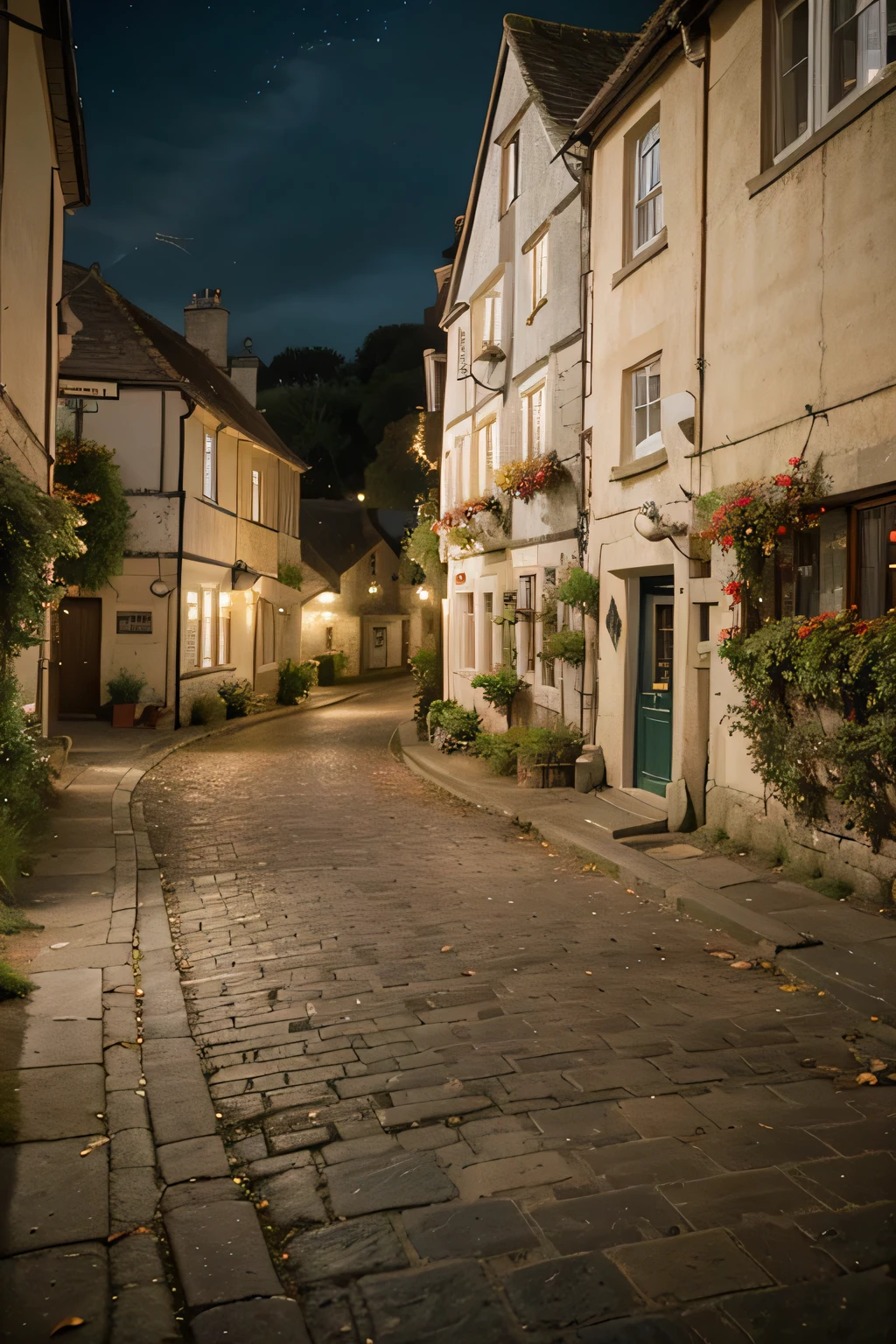 ((best quality)), ((masterpiece)), (detailed), photograph of village street in historic town of Bibury, England, autumn, night-time