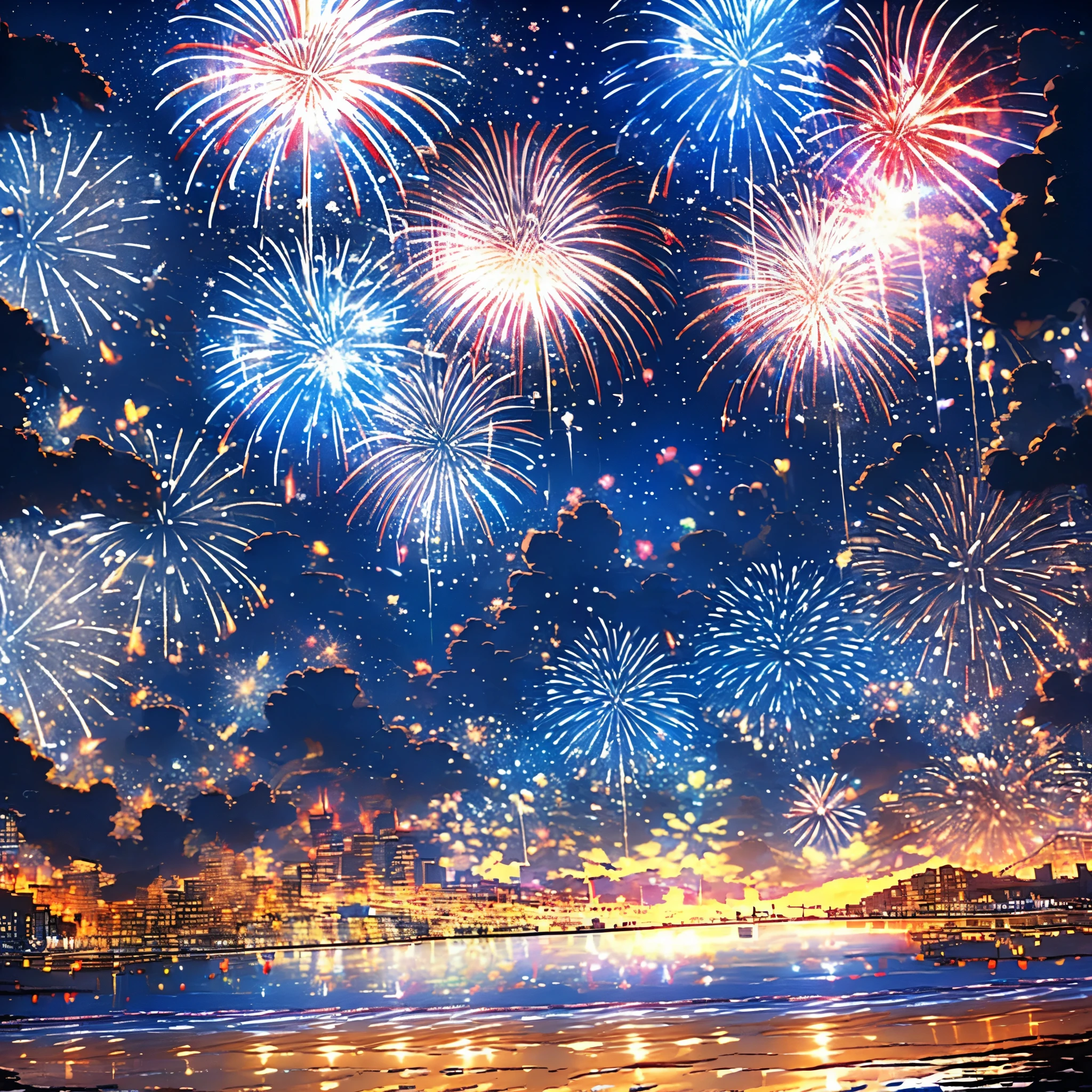 (Masterpiece, 4k, 8k, Best quality), Fireworks in the night sky, Colorful fireworks in the night sky, (Fireworks drawing 2024: 1.3), reflection on the water, beach scenario, beach at night, landscape, Happy new year, 2024