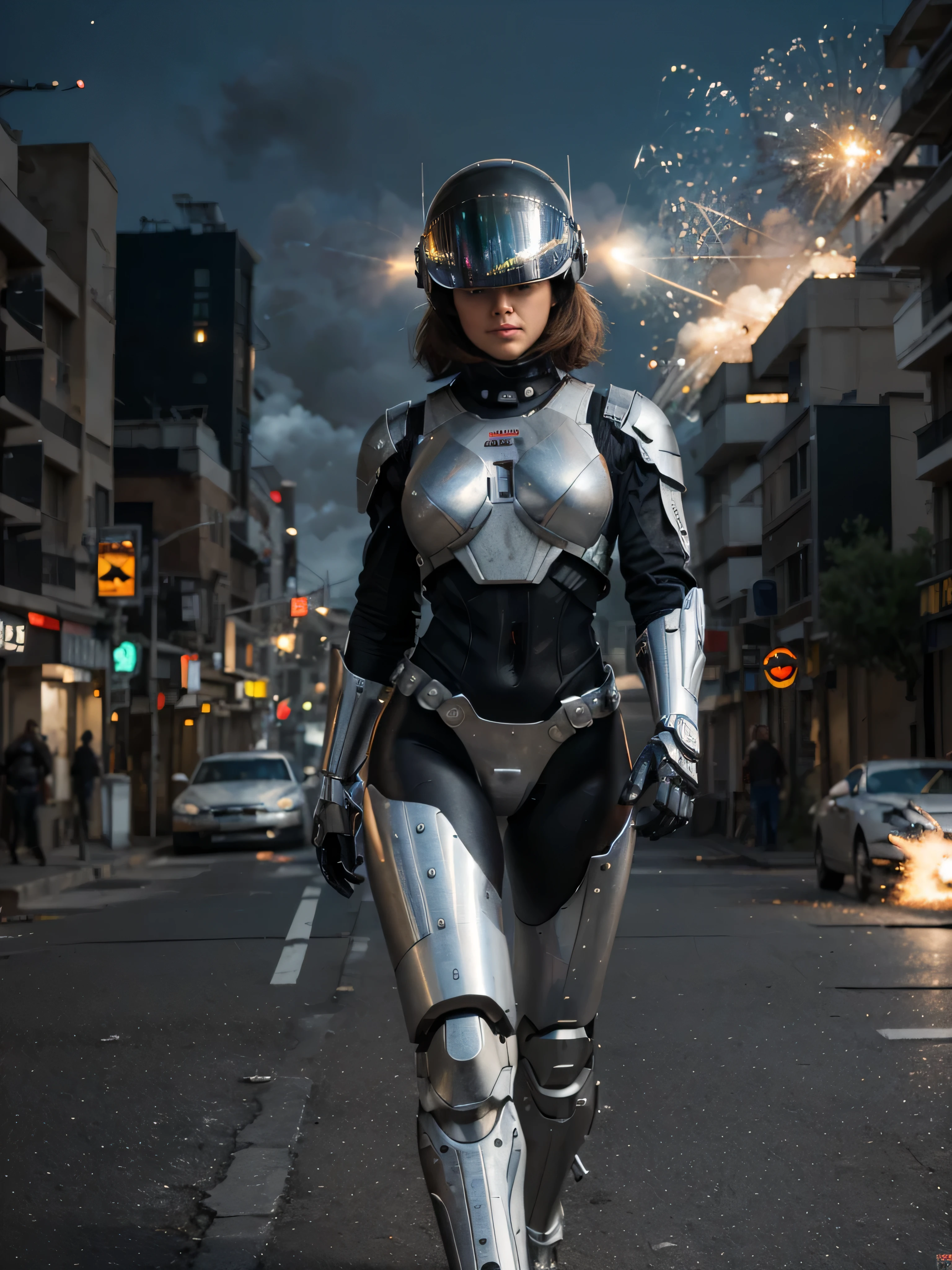 explosions, roupas brancas, full helmet with visor  , white chrome terminator as robocop as cyborg, with big gun, rivets, an oil painting, rivets, the neutral colors, paul hedley , happy, action movie poster, fine art. royo. full view. moto yabusa. explosions behind. night. walking. explosions.