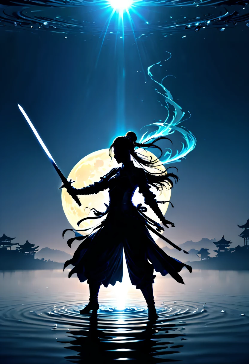 (纯Black silhouette,Silhouette of heroine dancing sword:1.5),Glowing sword,(Fighting posture,强dyna姿势:1.4),on the lake,high contrast, movie lighting, Enigmatic Atmosphere,,lotus flower,Lotus leaf,corrugation,(splash of water;1.4),a moon,dyna,swordsman,Kungfu,Black silhouette,Extreme backlight shooting,照片上呈现出Black silhouette(No color or detail),Creates strong contrast with bright background